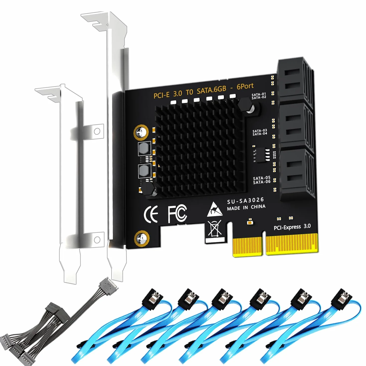 GLOTRENDS SA3026-C Scheda di espansione PCIe X4 SATA a 6 porte con cavi SATA e di alimentazione, compatibile con Windows, Linux, Mac OS, NAS