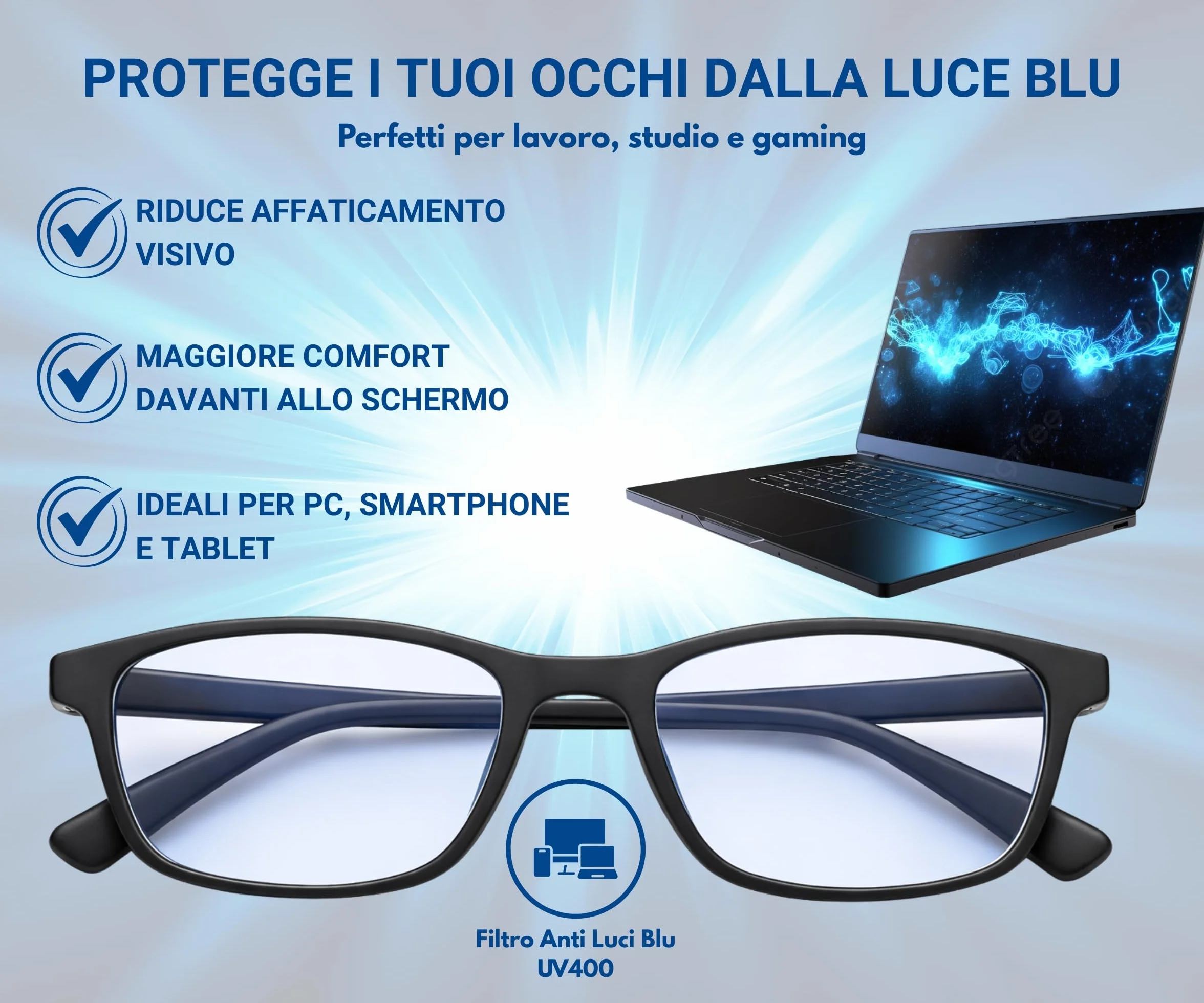 Occhiali Anti Luce Blu PC TV Gaming Filtro Blue Light Uomo Donna Leggeri