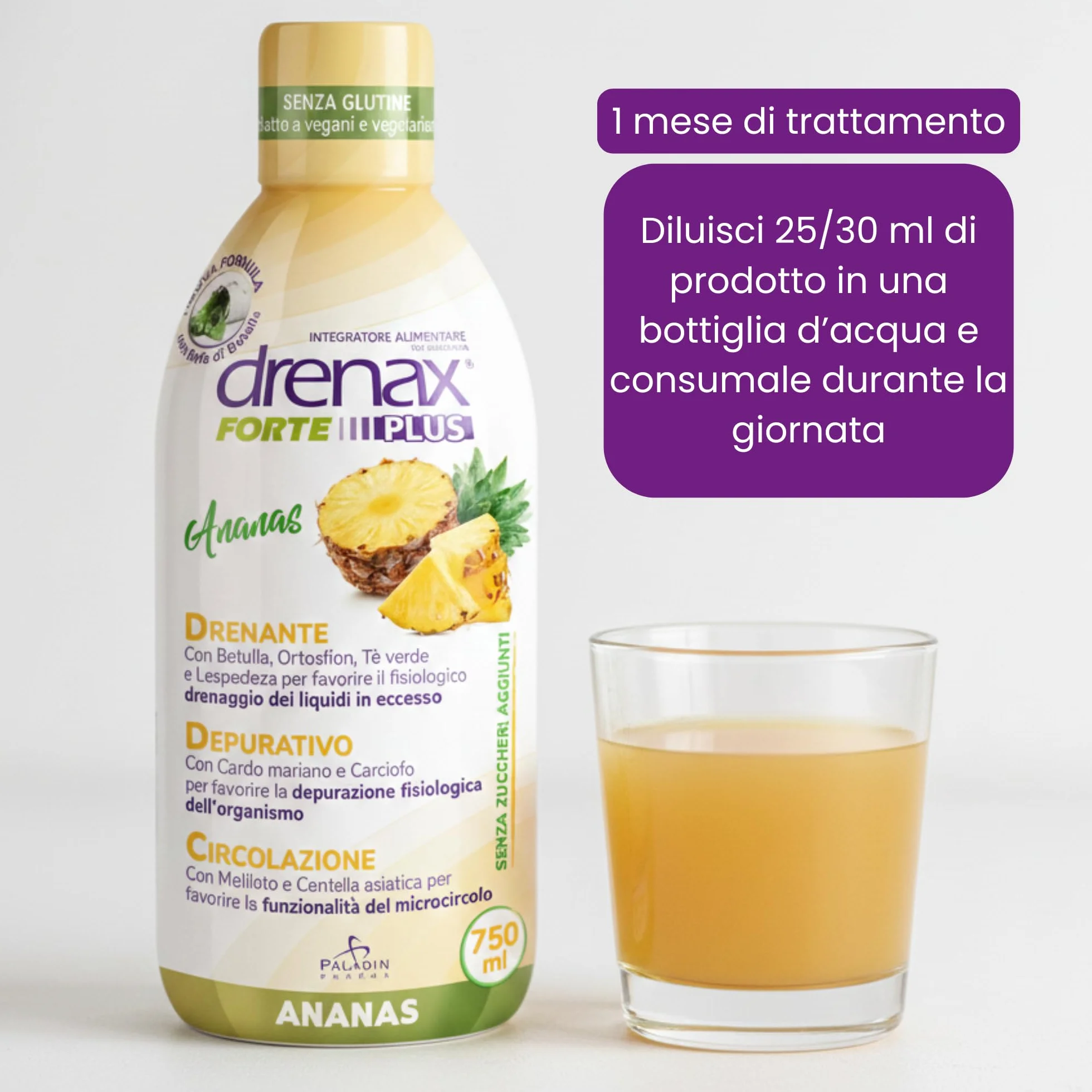 Drenax Forte Plus Ananas 750 ml Integratore Drenante Depurativo Betulla Ortosifon Lespedeza Cardo Mariano Carciofo Senza Zuccheri Aggiunti