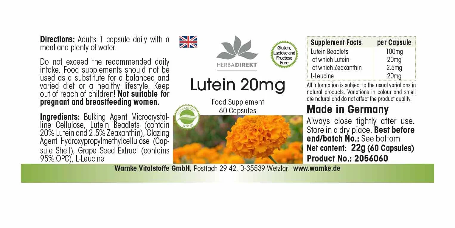 Luteina 20mg Microincapsulata 60 Capsule Vegan HERBADIREKT Warnke Vitalstoffe