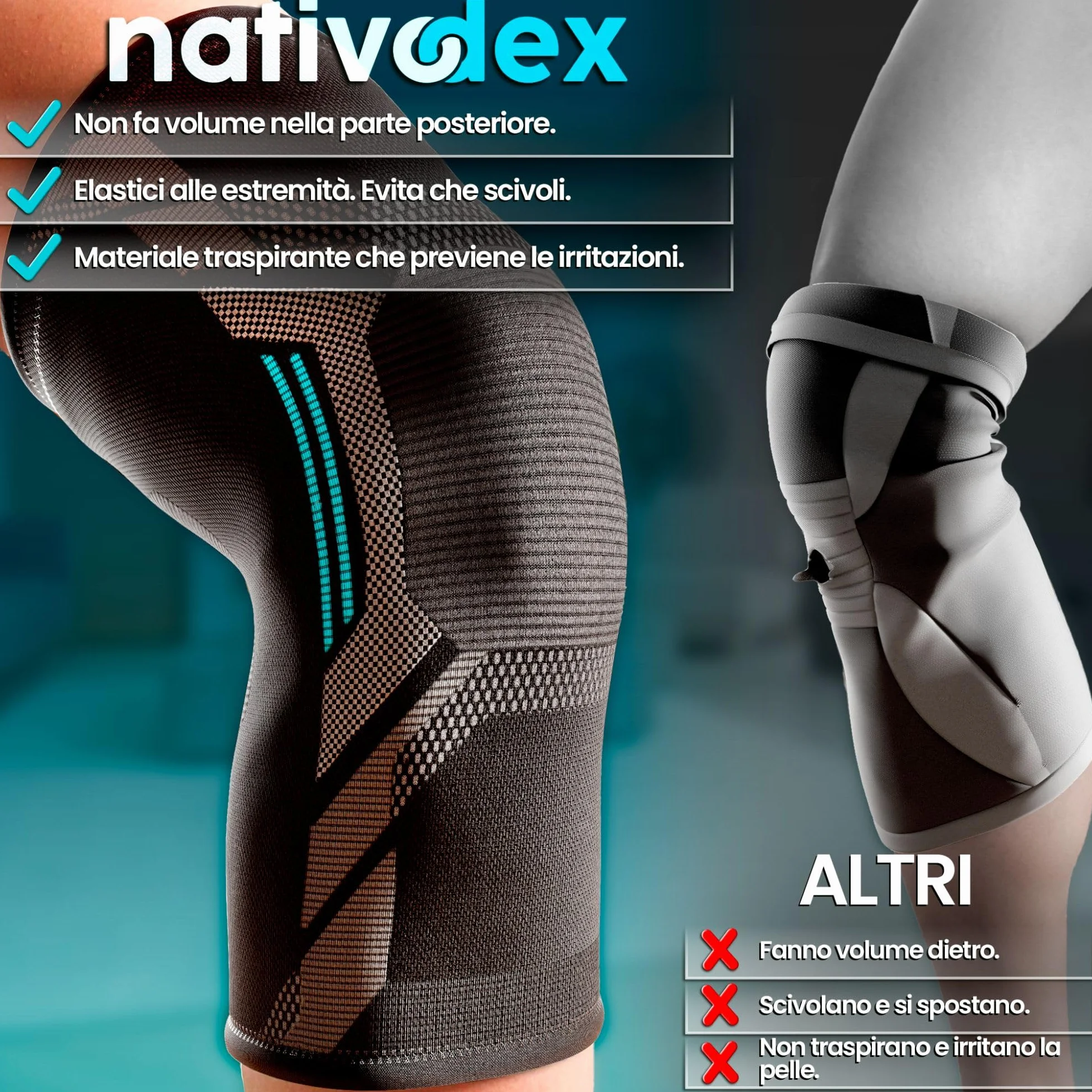 NativoDex Ginocchiera Ortopedica di Compressione Stabilizzante Menisco Legamenti Sport Fascia Elastica Antiscivolo Traspirante Palestra Corsa