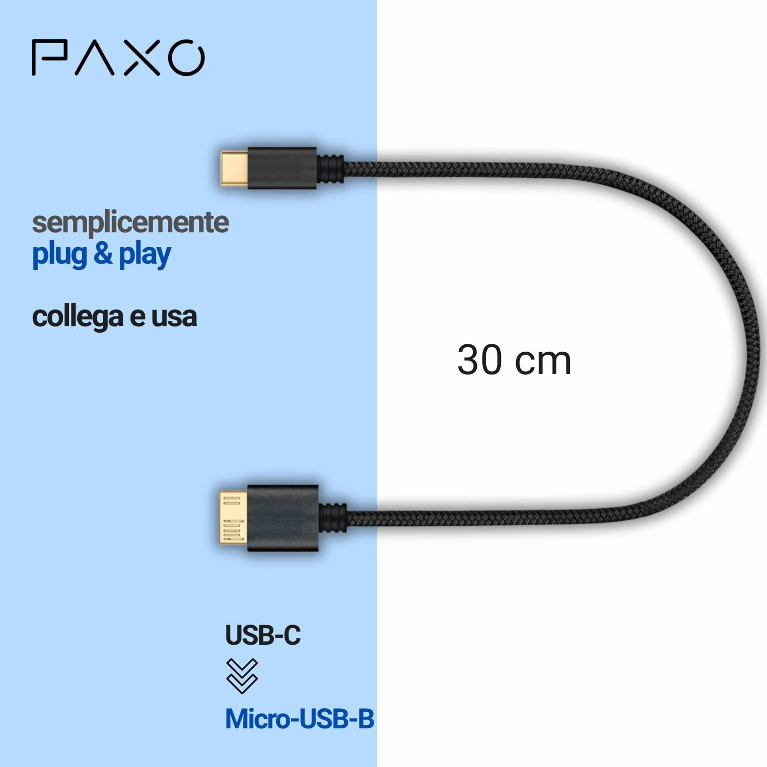 PAXO Cavo hard disk da 0,3 m, 10 Gbit/s, USB C-MICRO USB3.2 Gen2, cavo USB, cavo dati, cavo di ricarica, nero, da USB C maschio a Micro B maschio