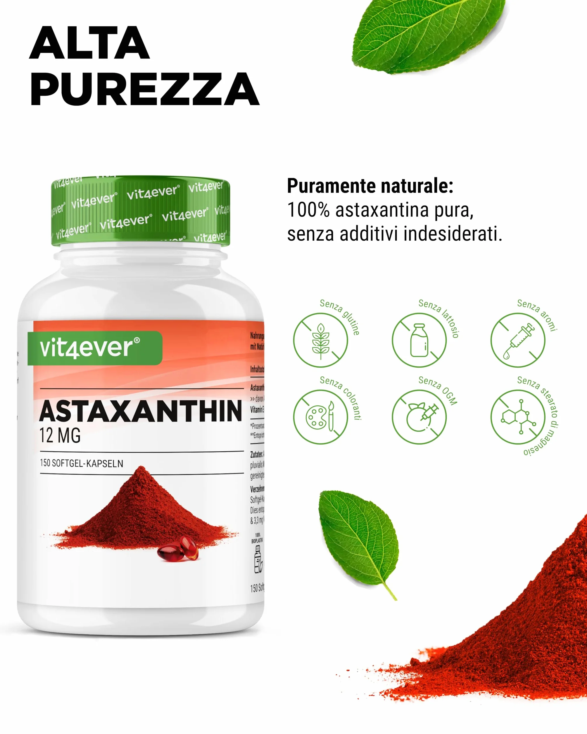 Astaxantina 12 mg Depot 150 Capsule Softgel - Da microalghe Haematococcus Pluvialis - Con vitamina E e olio d'oliva