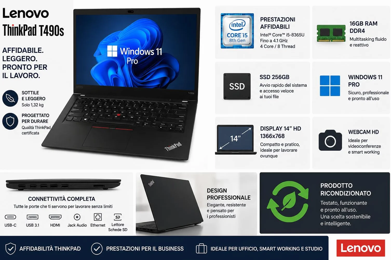 Lenovo ThinkPad T490s 14" HD Business Laptop, Intel Core i5-8365U, 16GB RAM, 256GB SSD, Windows 11 Pro (Ricondizionato)