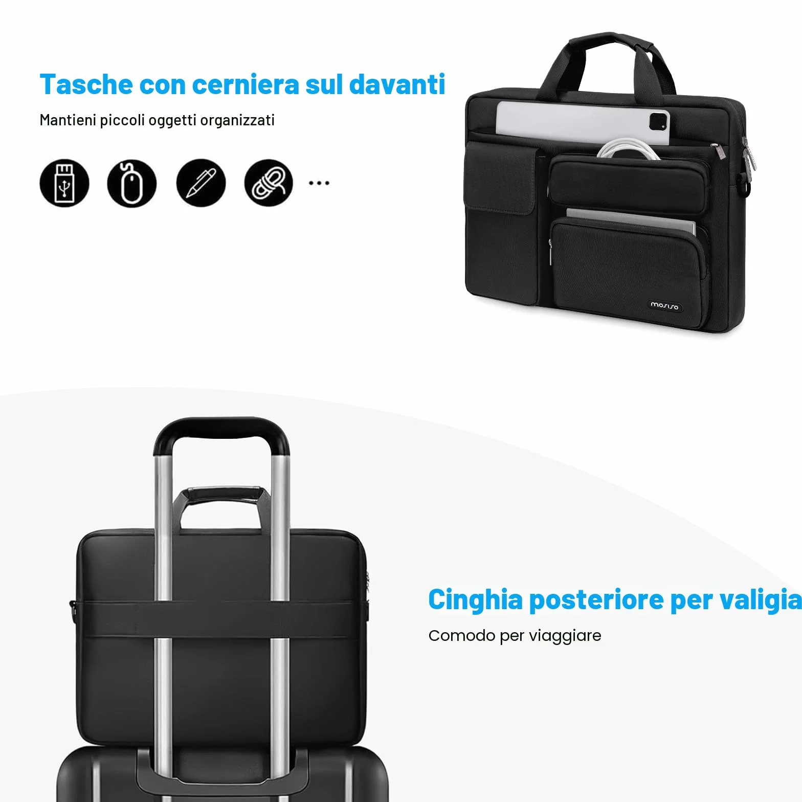 MOSISO 16 pollici Borsa Tracolla Laptop,15-15,6 pollici Custodia PC Compatibile con MacBook Air 15/Pro 16/Pro 15,Dell XPS Plus, Borsa Tracolla con Apertura Laterale&4 Tasche Cerniera, Nero