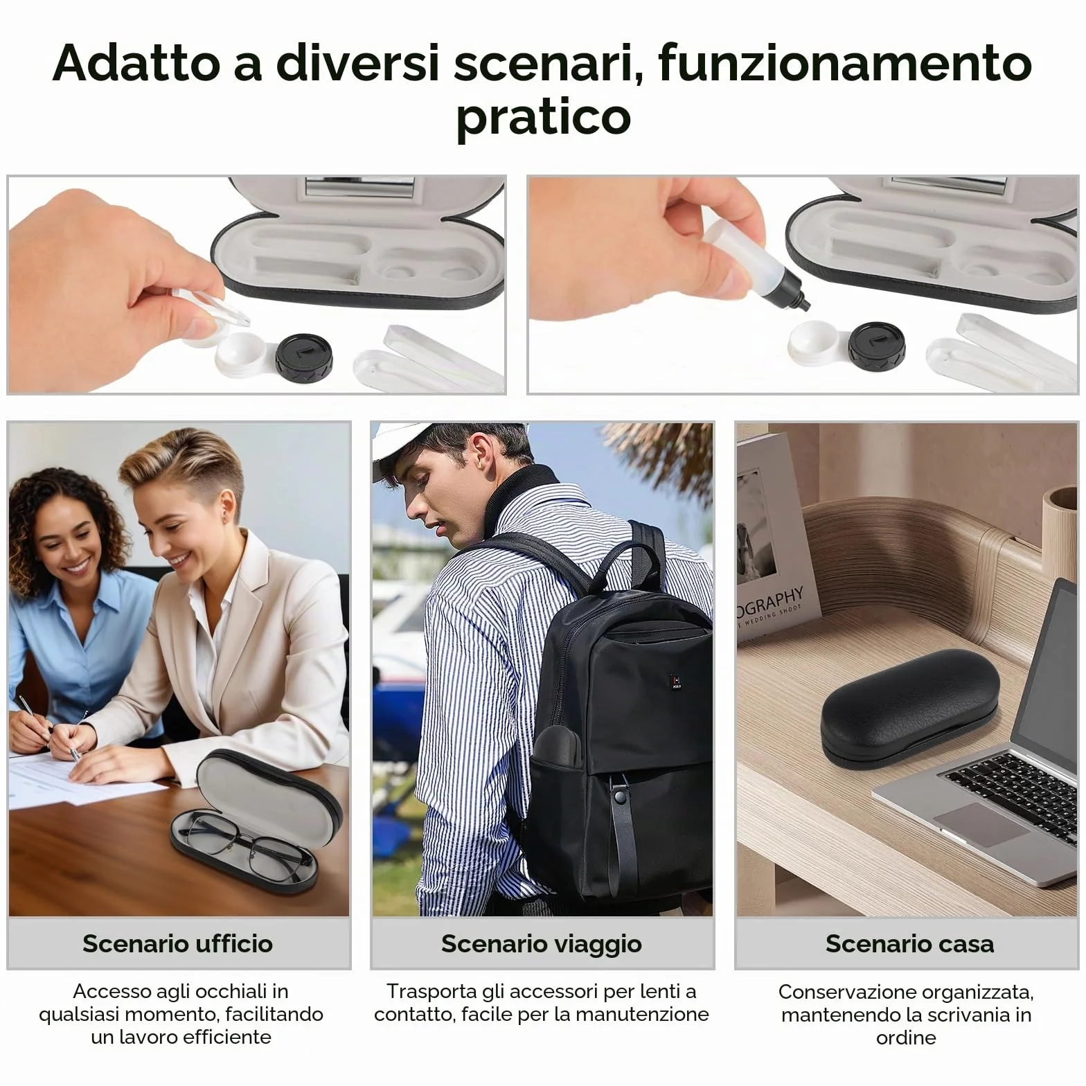 Windfromort 2 in 1 Porta Lenti a Contatto con Specchio Custodia Occhiali Rigida Compatta Nero