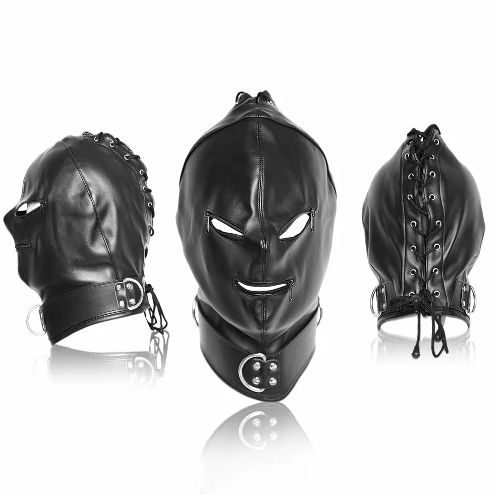SXOVO BDSM Maschera per la testa in pelle regolabile con occhi aperti e bocca con cerniera per bondage erotico