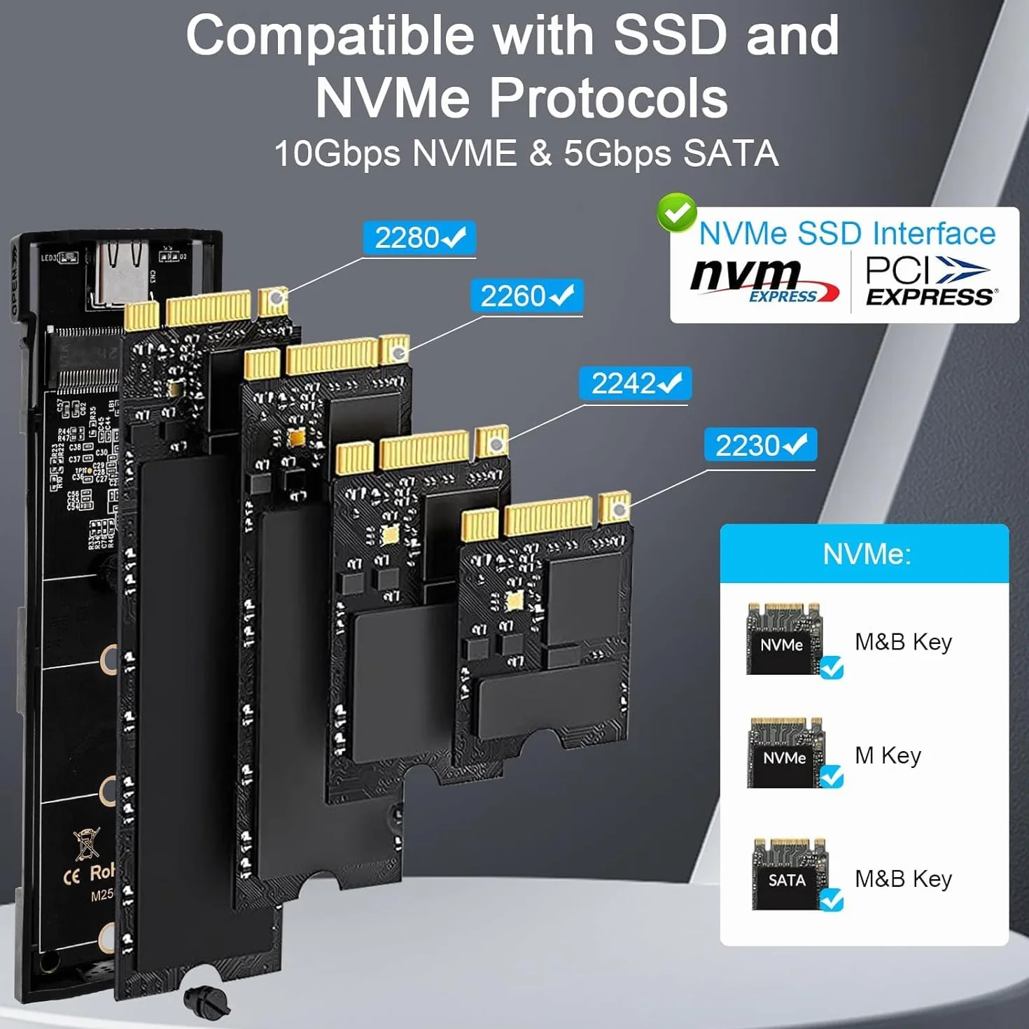 Case SSD M.2 NVMe SATA,USB C 3.2 Gen 2 10Gbps Adattatore,M2 NVMe Lettore SSD Esterno 4TB per M-Key, M+B Key 2230/2242/2260/2280 con UASP e TRIM,Con Cavo 2-in-1, Installazione Senza Attrezzi