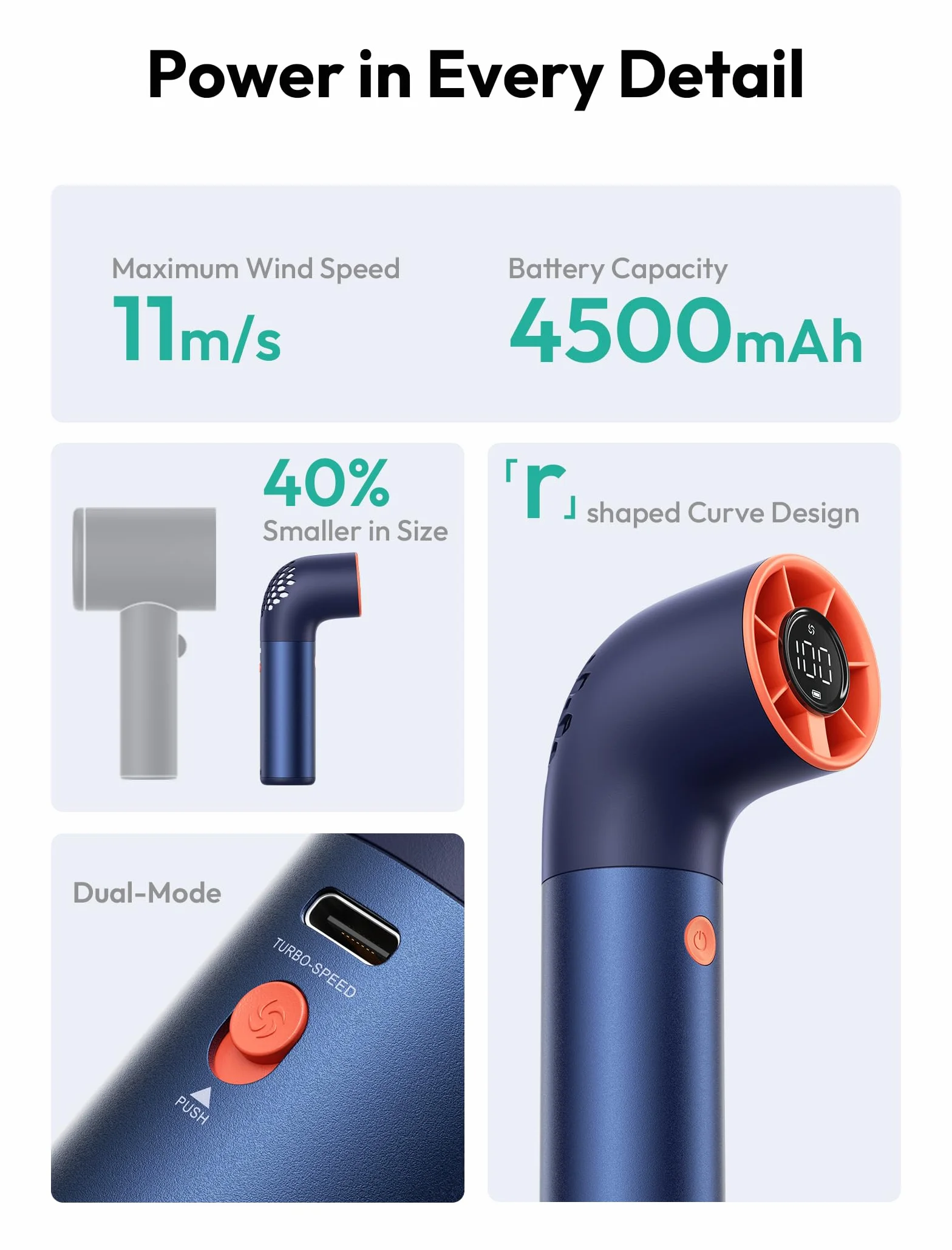 Aecooly Potente Ventilatore Portatile, Mini Ventilatore Turbo a Mano, 19000 RPM Aero Ultra, Ricaricabile [Massimo 15 ore], 7 Velocità d'Aria, Tascabile Piccolo Viaggi, Regalo per Donne-Blu&Arancione