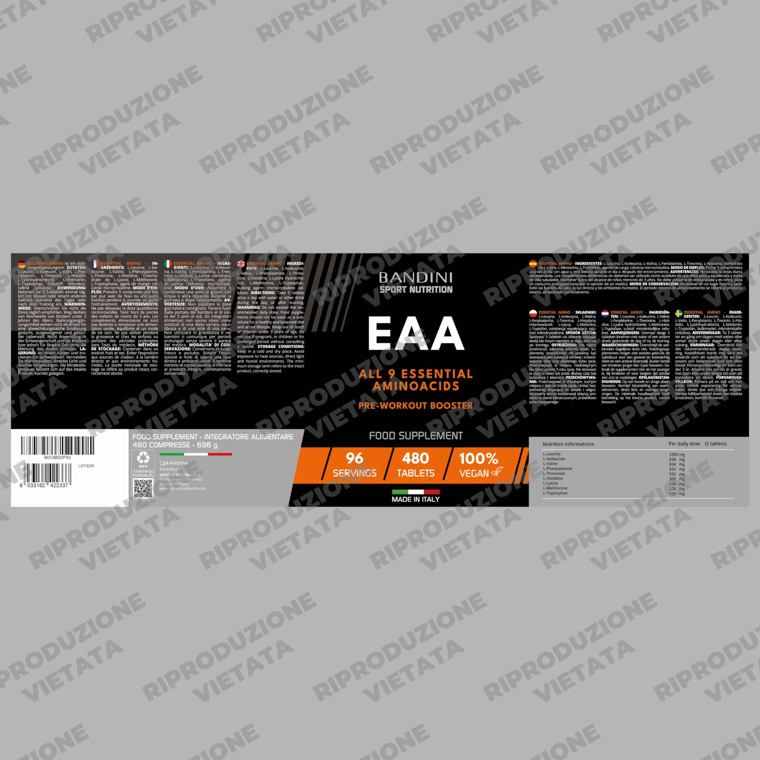 Bandini EAA Aminoacidi Essenziali 480 Compresse - Integratore Sportivo Pre Post Workout - 96 Dosi
