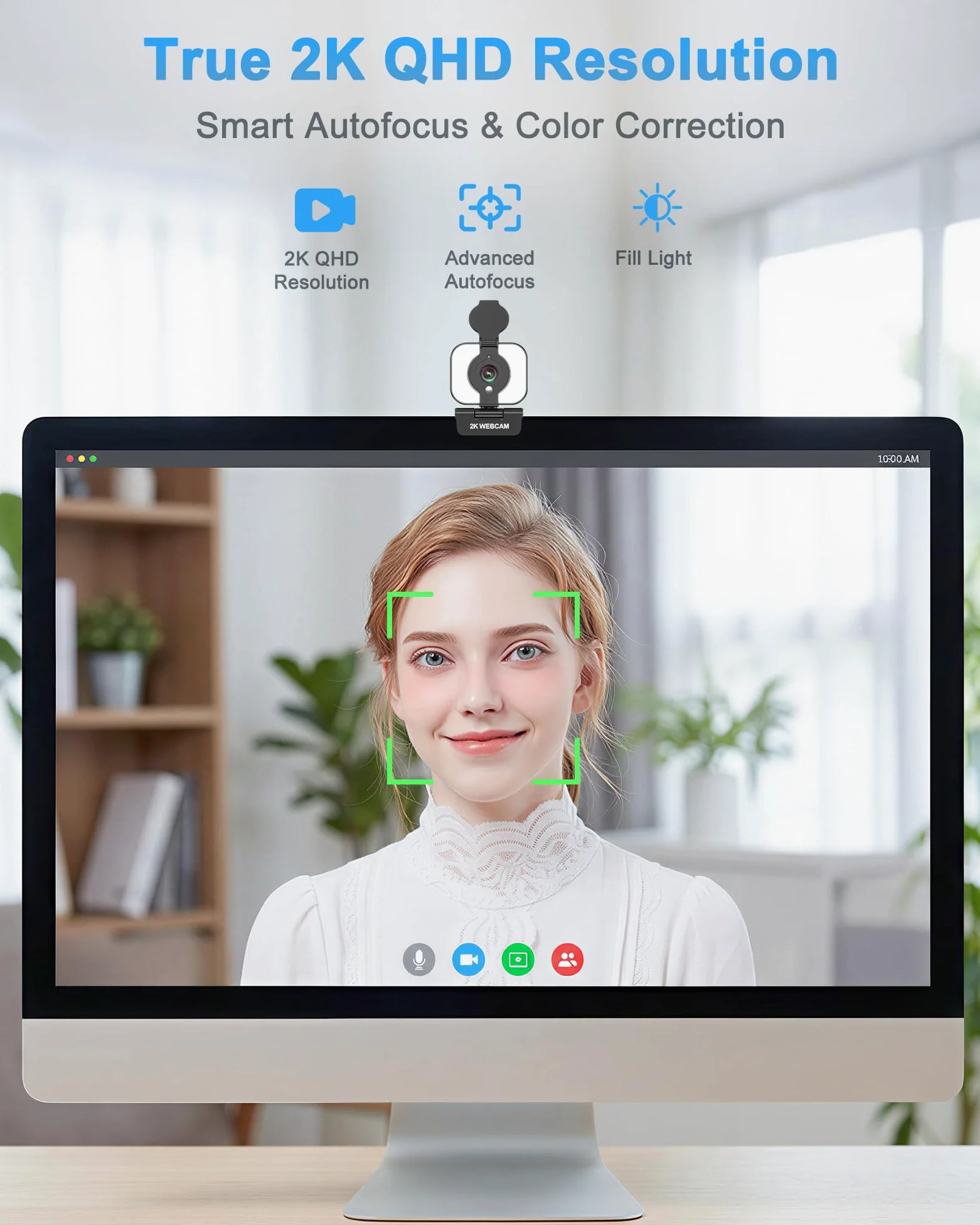 Atatat Webcam 2K per PC con luce, microfono, copertura privacy | Telecamera Web autofocus per desktop/laptop/monitor/Mac, fotocamera per Zoom/Skype/team/videochiamate/riunioni
