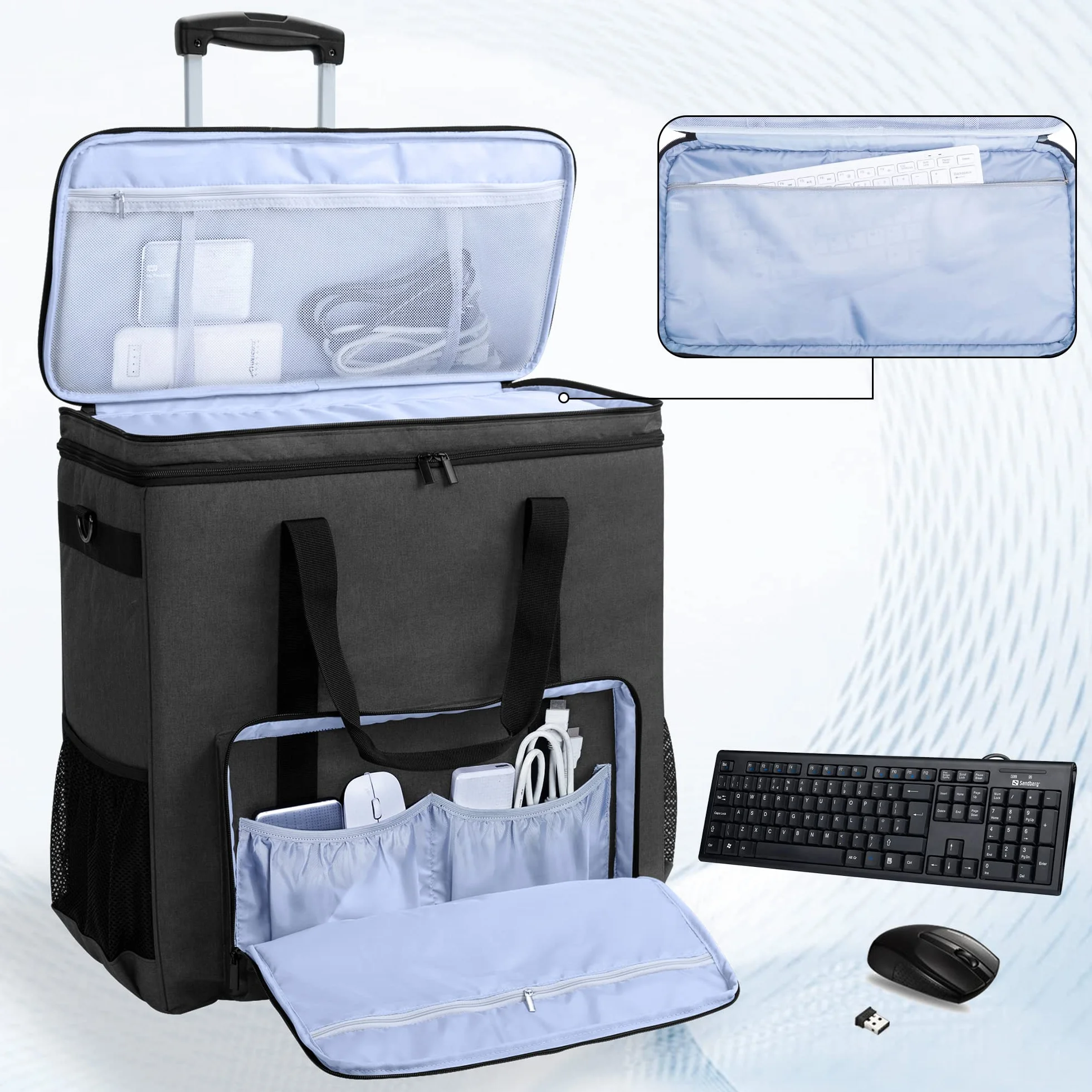 CURMIO Borsa da viaggio per computer a doppio strato con carrello rimovibile, Nero