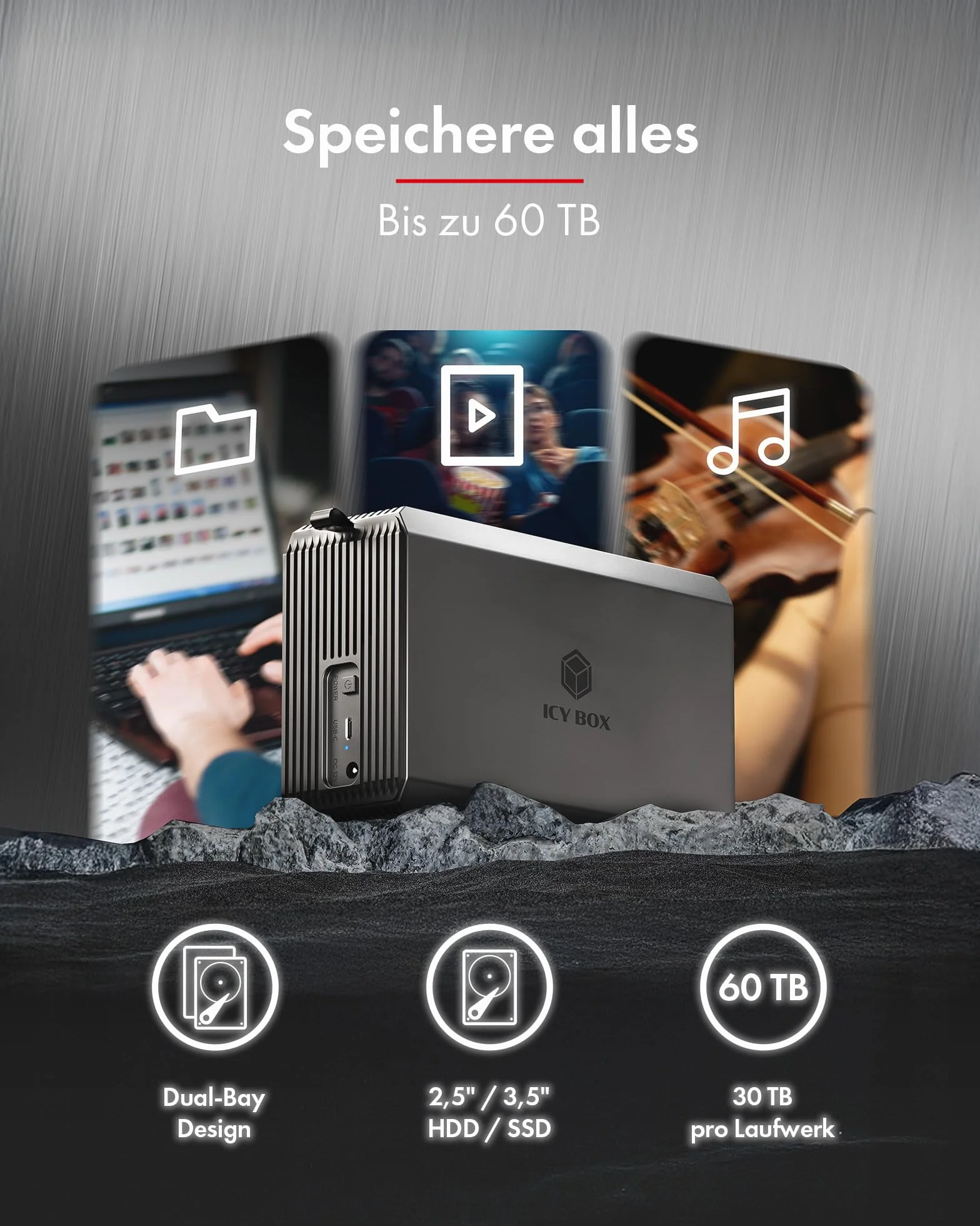 ICY Box (sistema RAID per 2 × 2,5"/3,5" HDD/SSD) USB 3.2 Gen 1 Type-C 5 Gbit/s, RAID 0/1/SINGLE/LARGE, ventola integrata da 50 mm, indicatore di stato LED, IB-RD3720-CU3