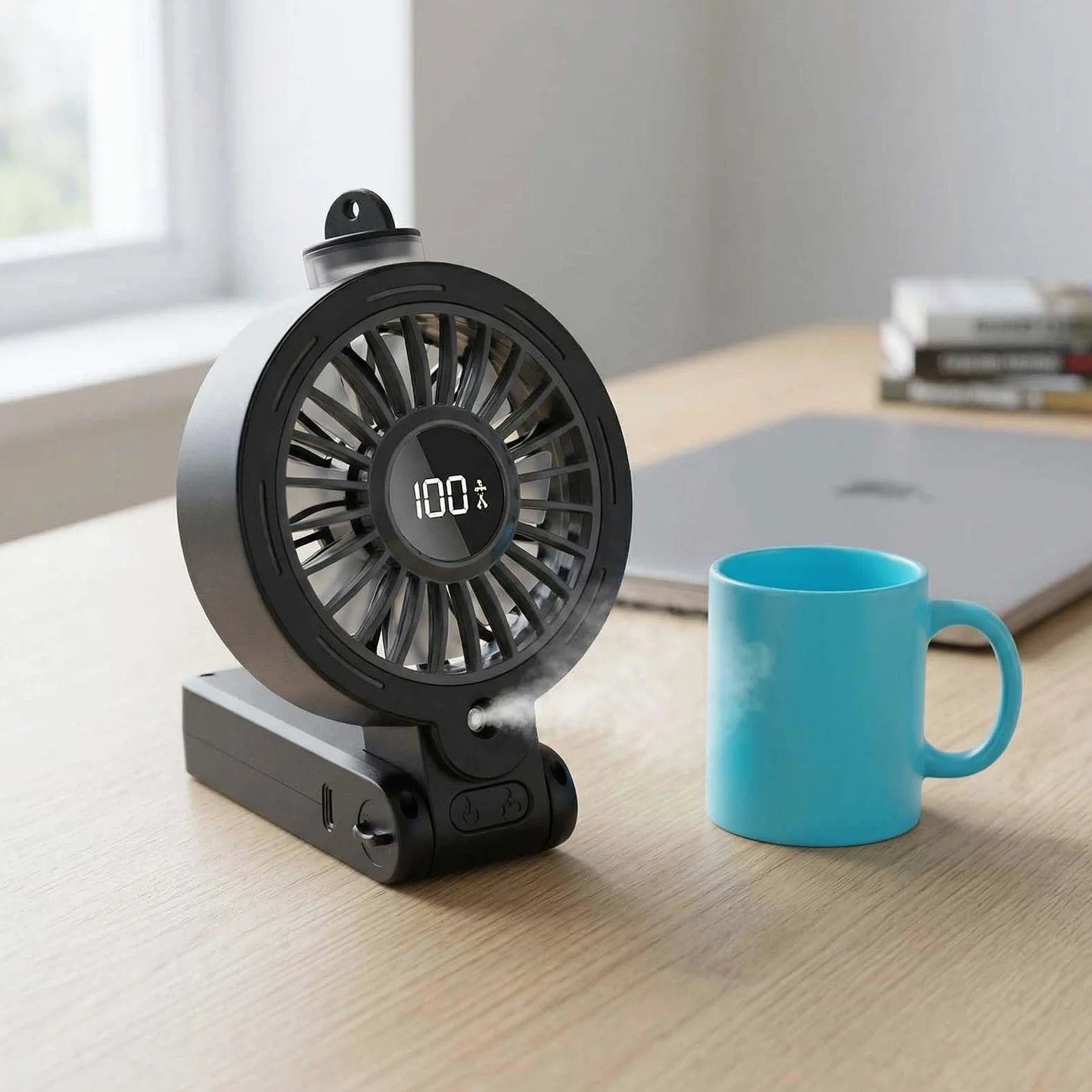 Ventilatore portatile, mini ventilatore nebulizzatore con schermo a LED e 100 velocità, ventilatore USB ricaricabile da scrivania, pieghevole, silenziatore da collo per casa, ufficio, viaggi (nero)