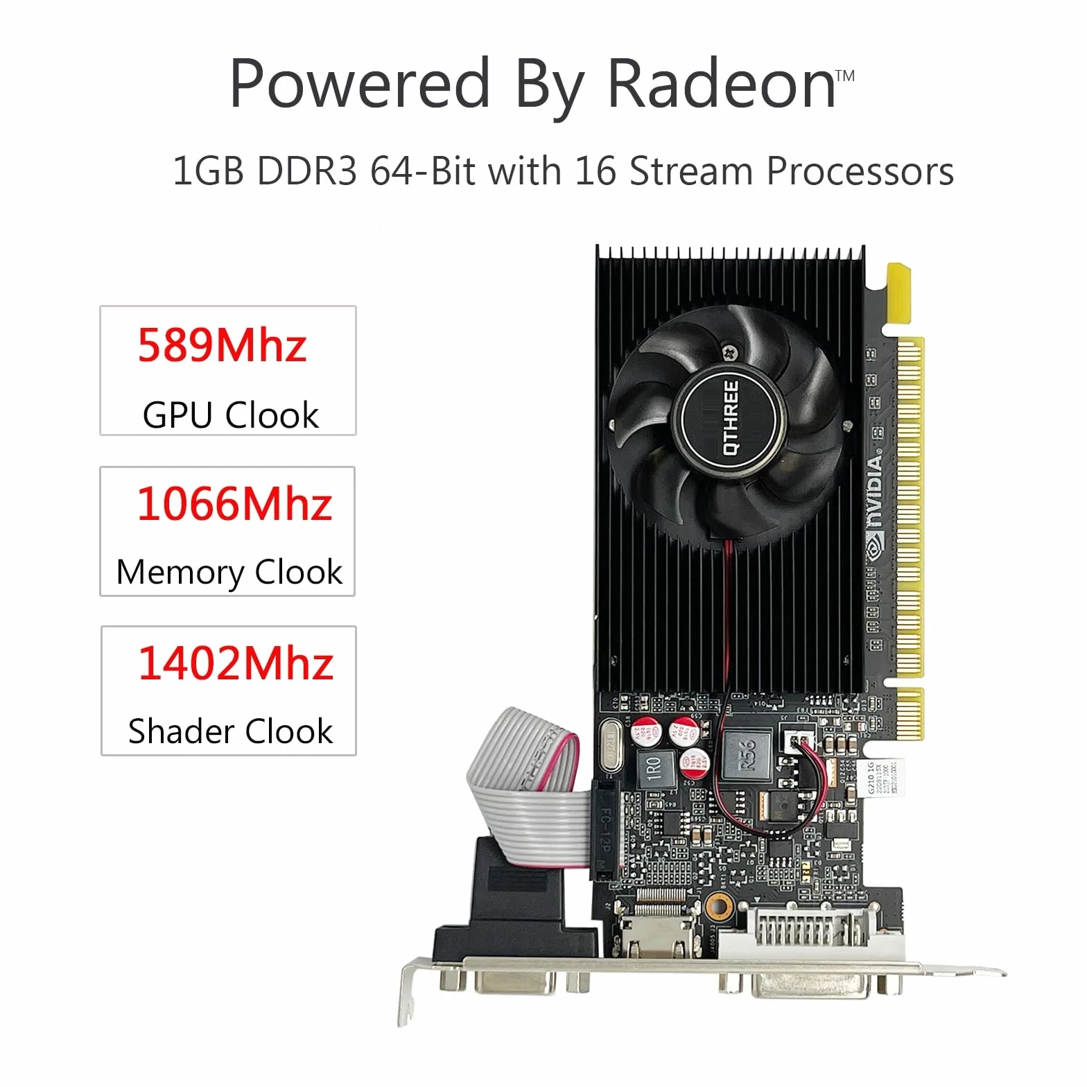 QTHREE GeForce GT 210 Scheda Video, 1GB DDR3 64-bit, HDMI DVI VGA, Low Profile, Scheda Grafica per PC, PCI Express x16, DirectX 10
