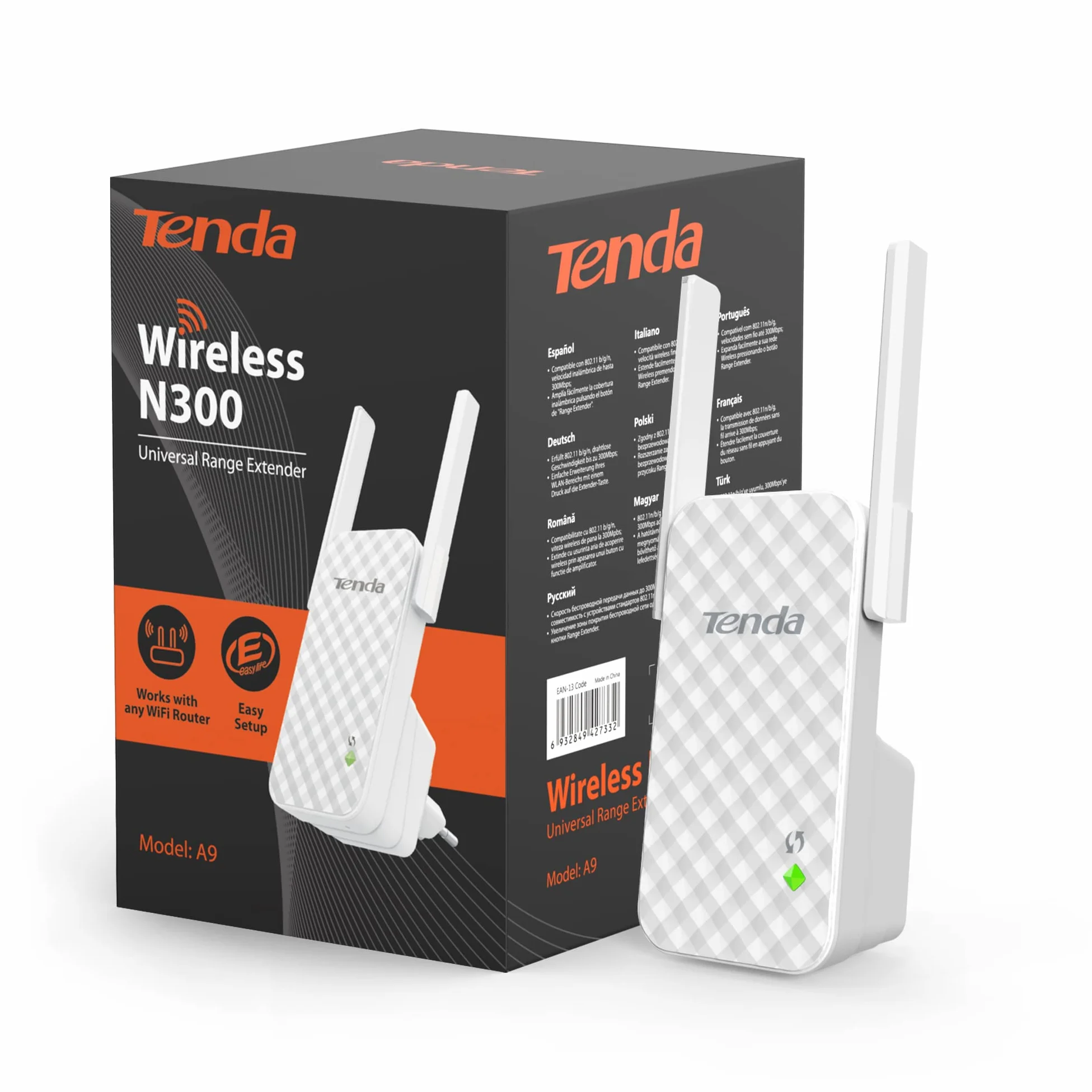 Tenda A9 Ripetitore WiFi Extender e Access Point, Velocità Single Band 300Mbps, Compatibile con i principali router, Installazione facile, Bianco