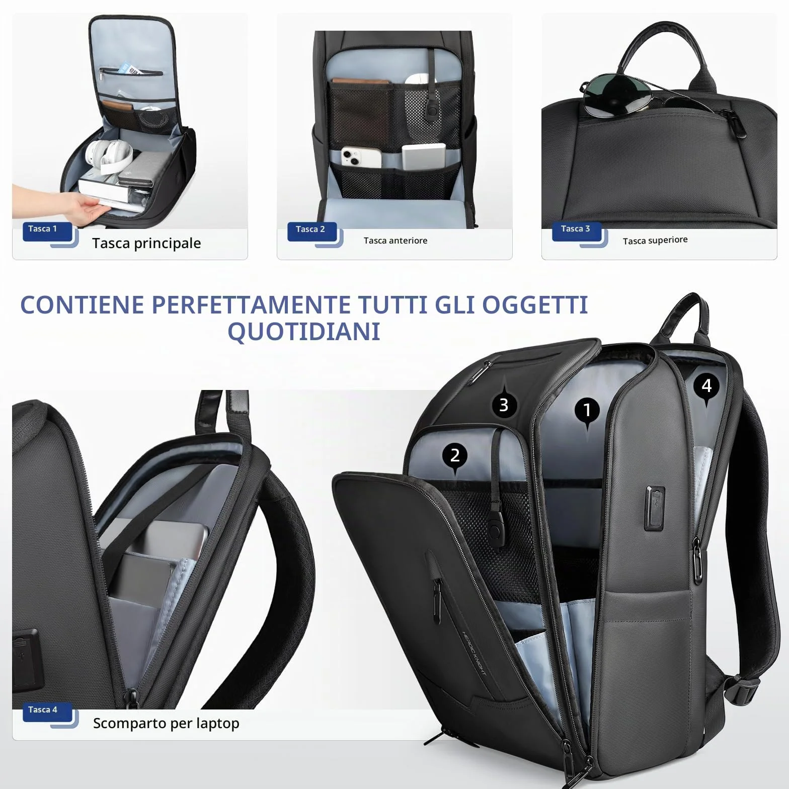 Zaino Uomo Elegante per Laptop da 16 pollici con Porta USB Bagaglio a Mano Zaino Porta pc Impermeabile Grande Capacità Antifurto per Business Lavoro Viaggi Università-Nero