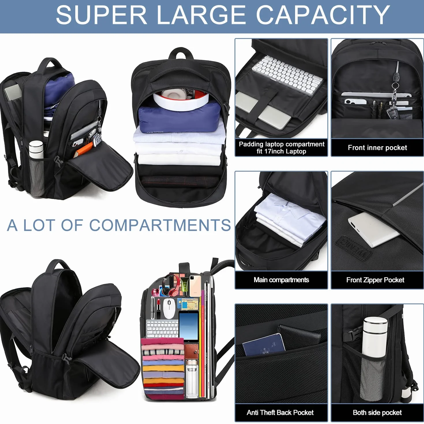 WENIG Zaino Uomo per PC Portatile 17.3 Pollici, Lavoro Uomo Impermeabile Antifurto, per Laptop, Computer Notebook Borse con Caricatore USB per Viaggio Ufficio Scuola-Nero