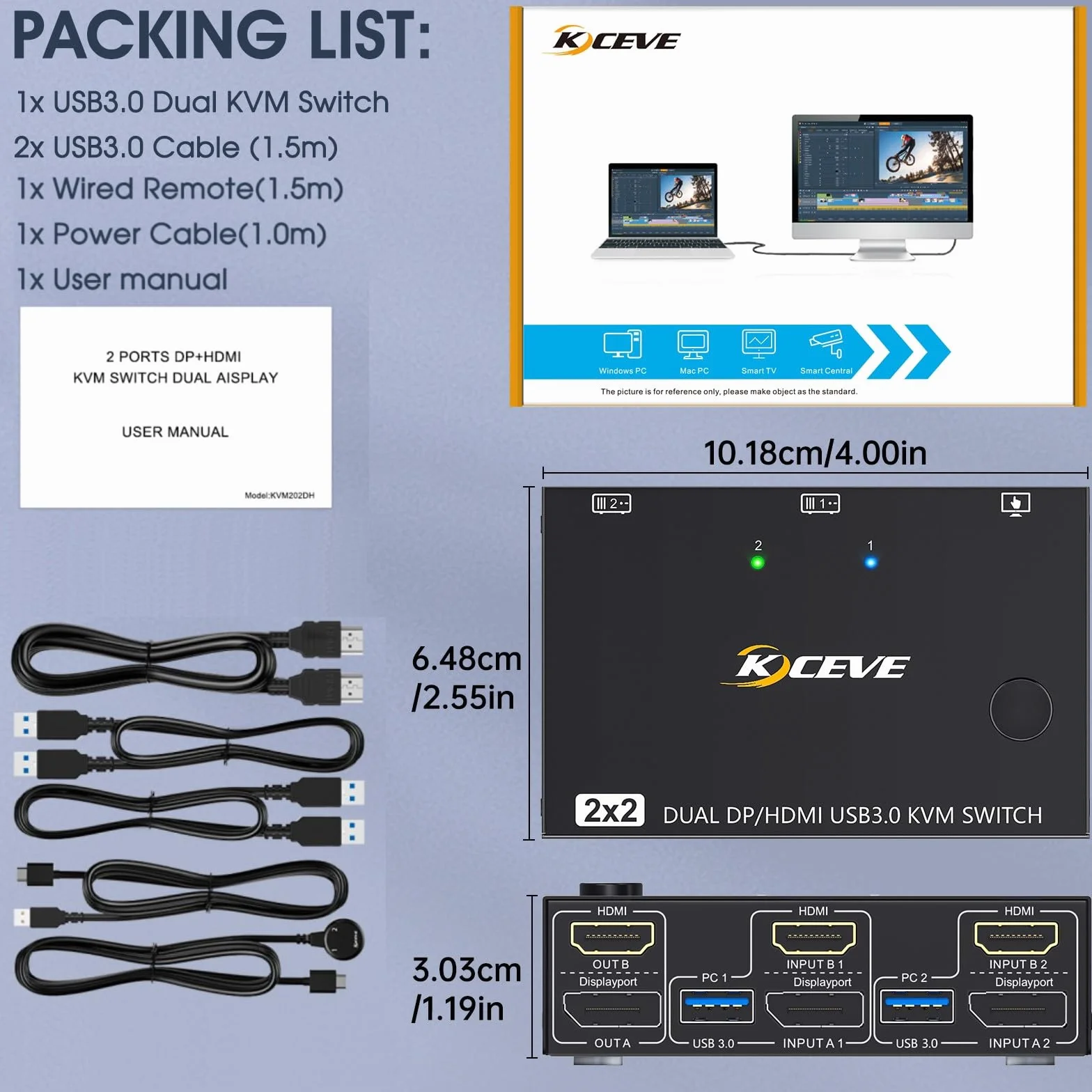 USB 3.0 HDMI + DisplayPort Switch KVM 2 PC 2 Monitor 4K@60Hz 2K@120Hz, MLEEDA KVM Switch Dual Monitor con 4 Porte USB 3.0 per Tastiera, Mouse, Dotato Telecomando Cablato e Cavi