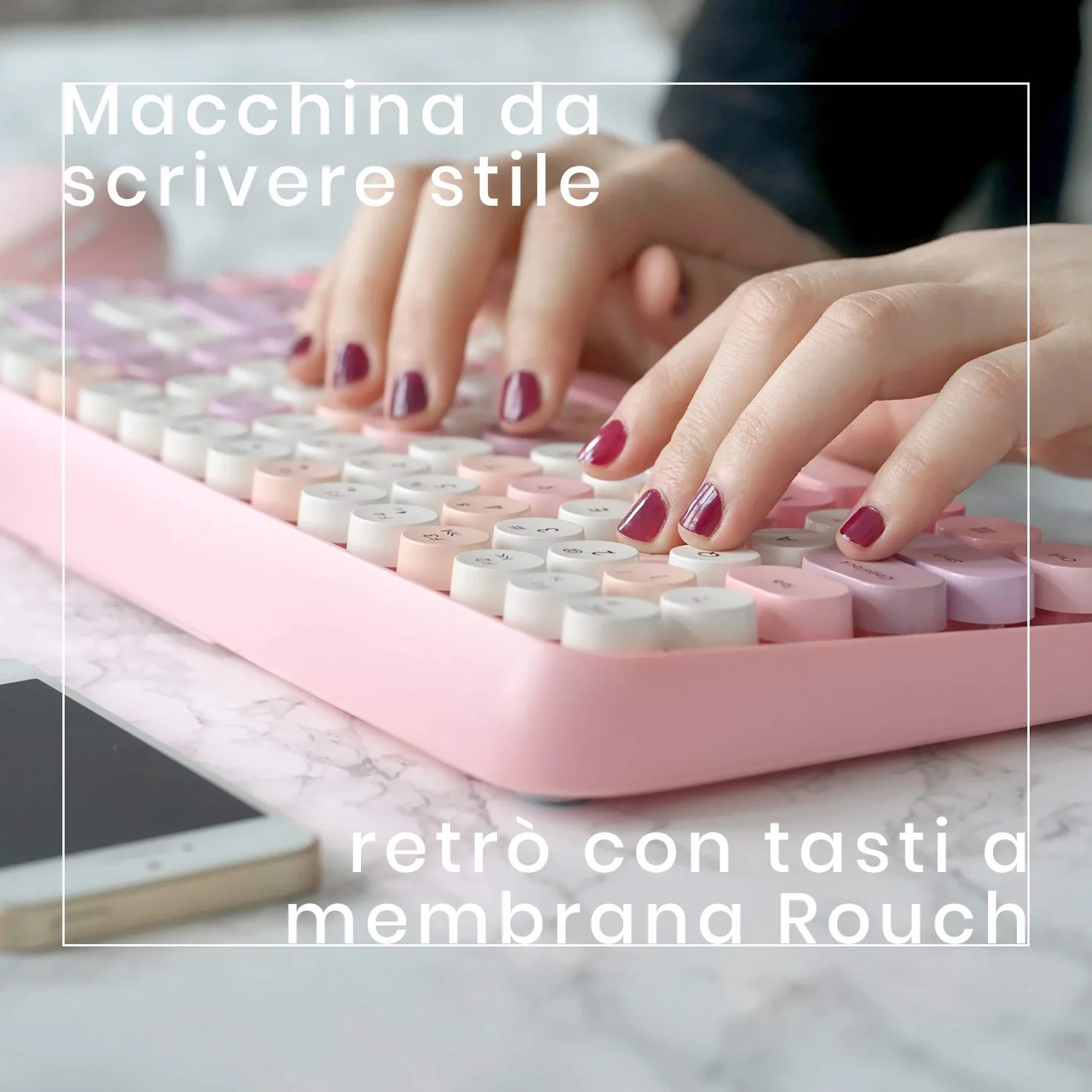 Perixx PERIDUO-713 Tastiera e mouse wireless, tasti rotondi, design macchina da scrivere retrò, tasti multimediali, cute colore rosa, QWERTY italiano