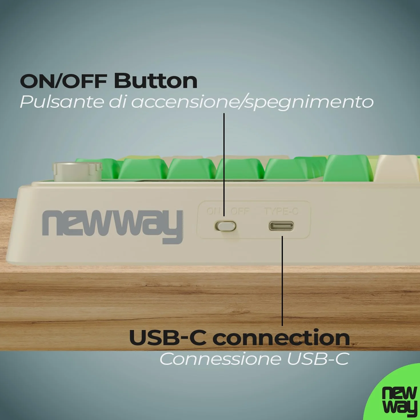 Tastiera Senza Fili Ricaricabile NEWWAY NK251 Layout Italiano QWERTY Tripla Modalità WiFi 2.4 GHz Bluetooth USB-C Display LCD Rotella Multifunzione Retroilluminazione RGB