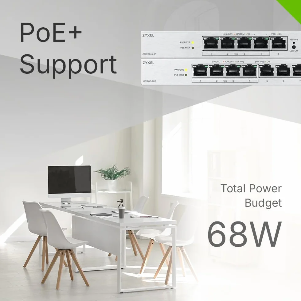 Zyxel Switch PoE 8 Porte | Switch Ethernet Gigabit Web Managed | 4 Porte PoE+ Budget 68W | QoS, Link Aggregation, VLAN, IGMP Snooping | Senza ventola | Desktop [GS1200-8HPv3]