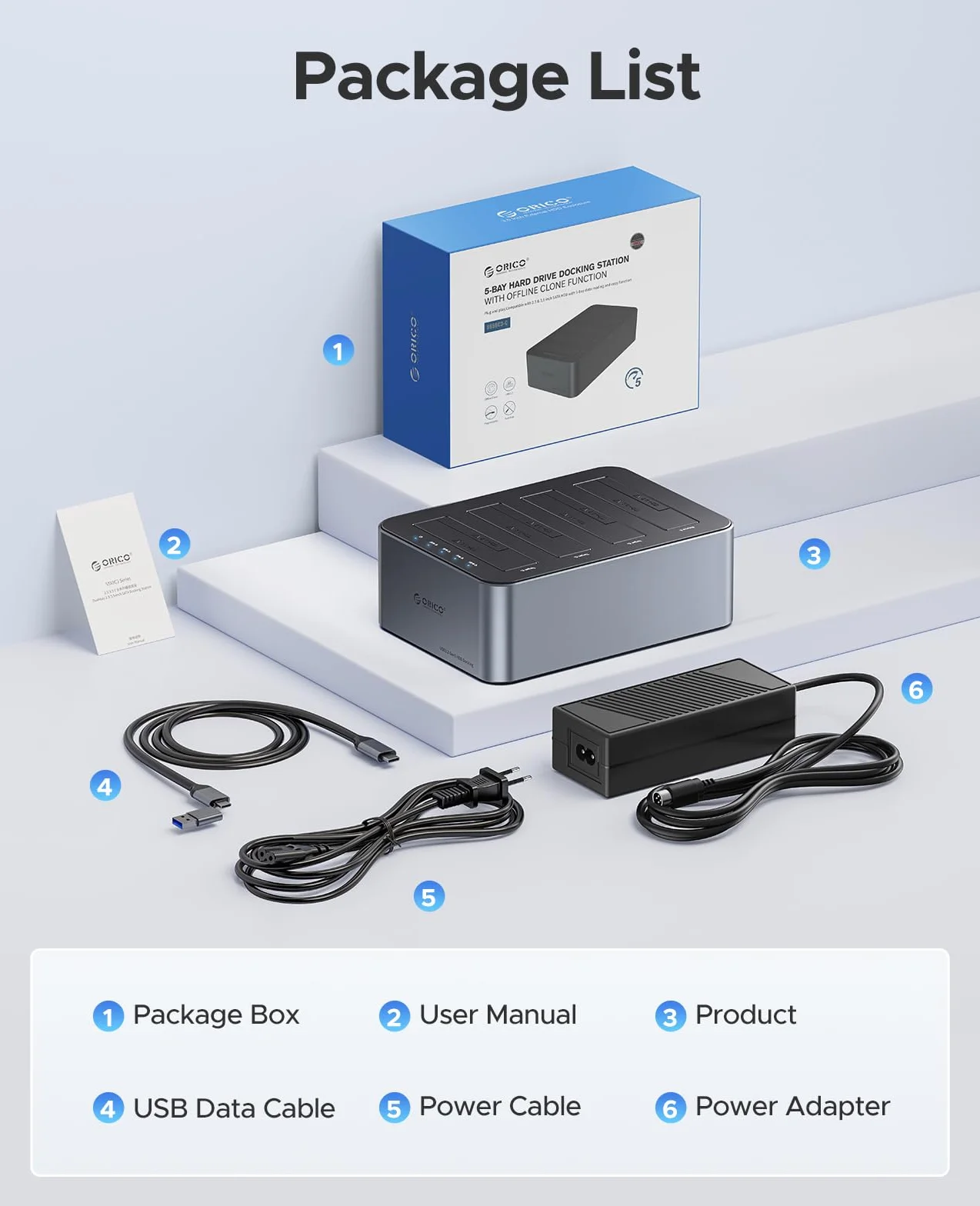 ORICO Docking Station 4 Bay USB 3.2 Gen 1 per SATA 2.5/3.5" SSD/HDD Cloni Offline Alimentatore 12V 6.5A