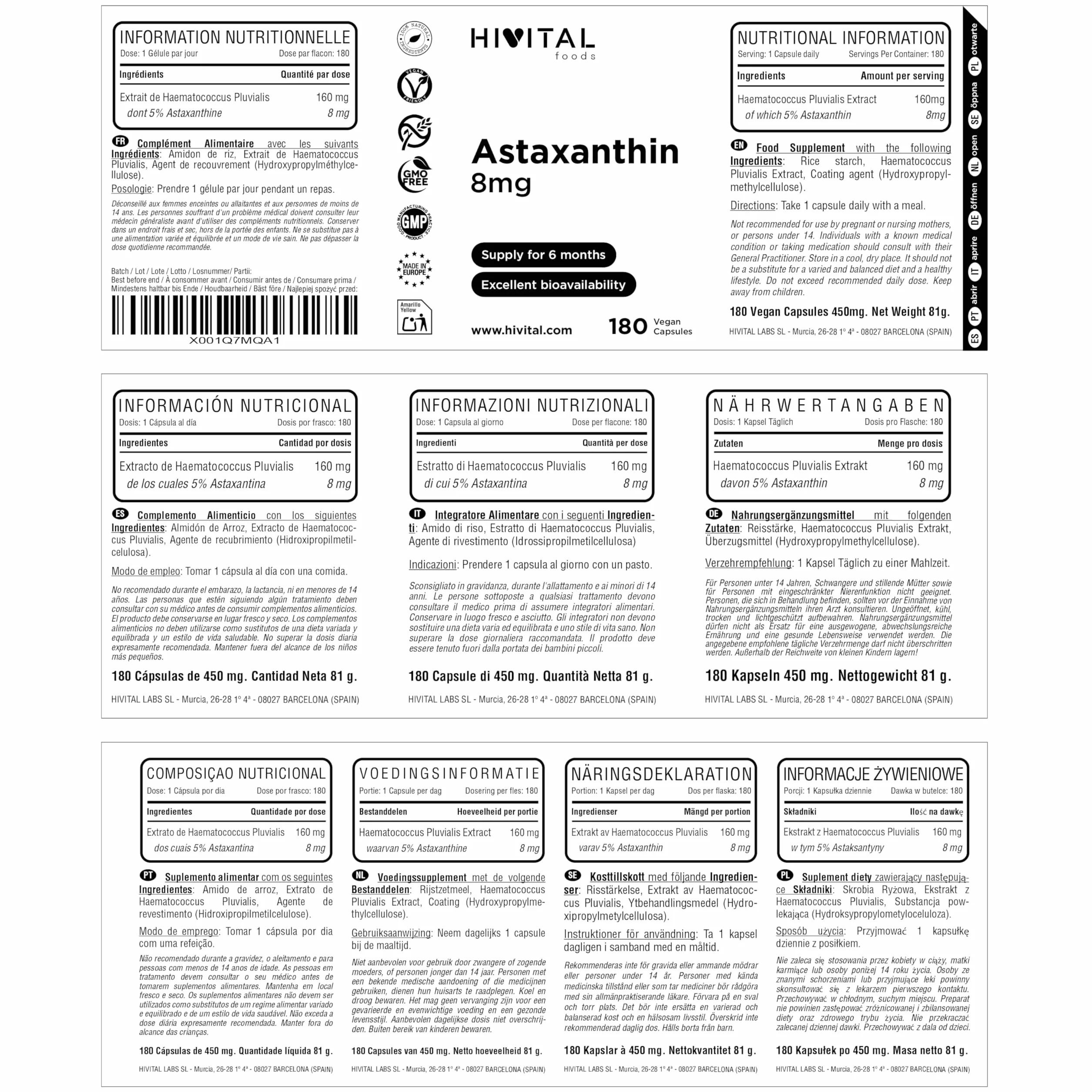 Astaxantina pura 8 mg 180 capsule vegane da Haematococcus Pluvialis 5% HIVITAL