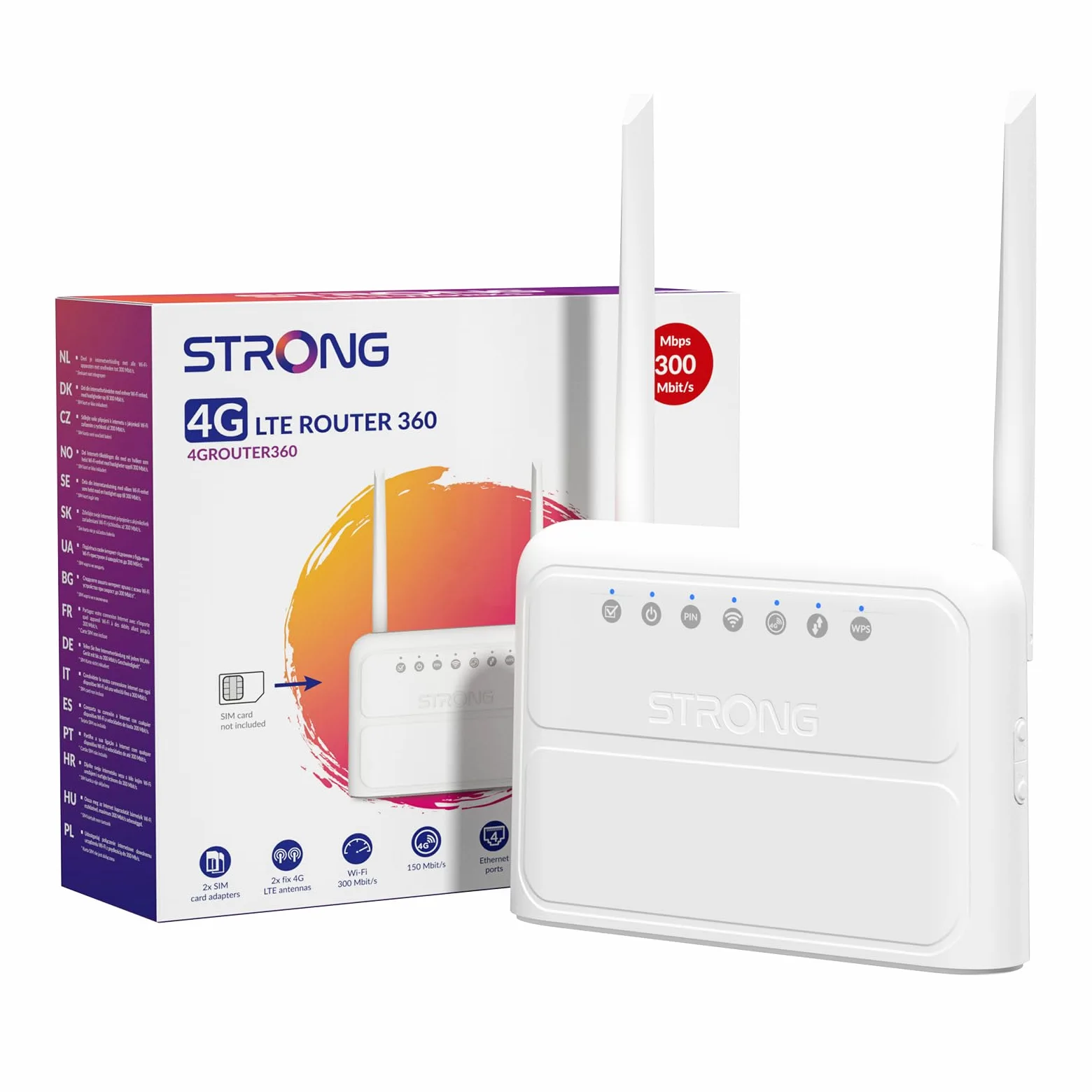 STRONG Router WiFi N300 Mbps con SIM, 4G Cat4 LTE, Antenne Esterne Fisse, Porte WAN/LAN 100 Mbps, Router con SIM, Plug and Play, Supporta fino a 32 Dispositivi, Rete Sicura (4GROUTER360)