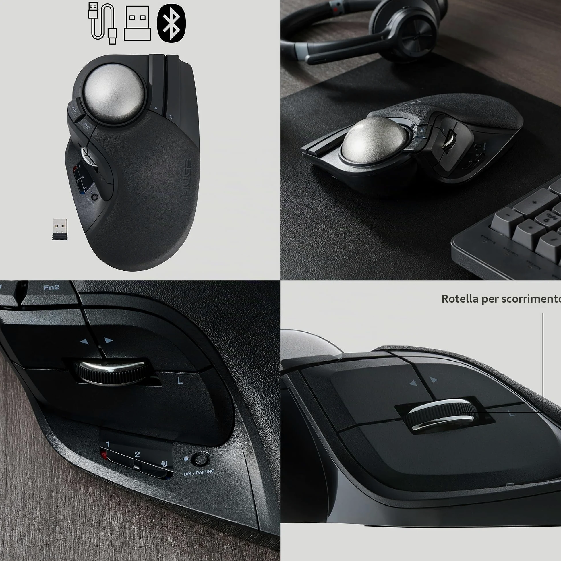 ELECOM Huge Plus - Mouse trackball wireless, ergonomico, palla grande da 52 mm, multi-connessione, Bluetooth, 2,4 GHz, Wireless, cablato, 10 pulsanti programmabili, ricaricabile, clic silenziosi, per