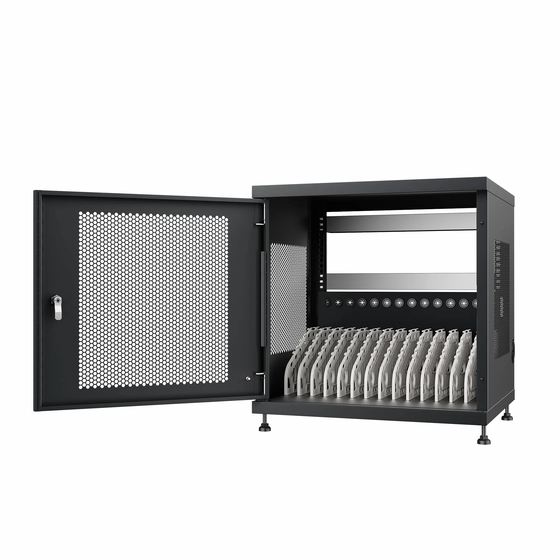 Ewent Armadio di Ricarica da 14 Slot, Armadietto di Ricarica per Telefono Cellulare, Tablet e Notebook, Cassaforte a Chiave in Acciaio Nero, Stazione di Ricarica con 2 Multiprese a 8 prese