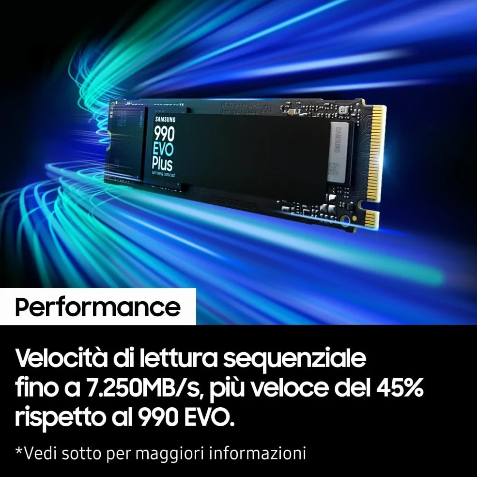 Samsung Memorie MZ-V9S2T0BW 990 EVO Plus SSD Interno da 2TB, PCIe Gen 4.0 x4 / 5.0 x2 NVMe 2.0, memoria progettata per professionisti e giocatori occasionali, compatibile con PC