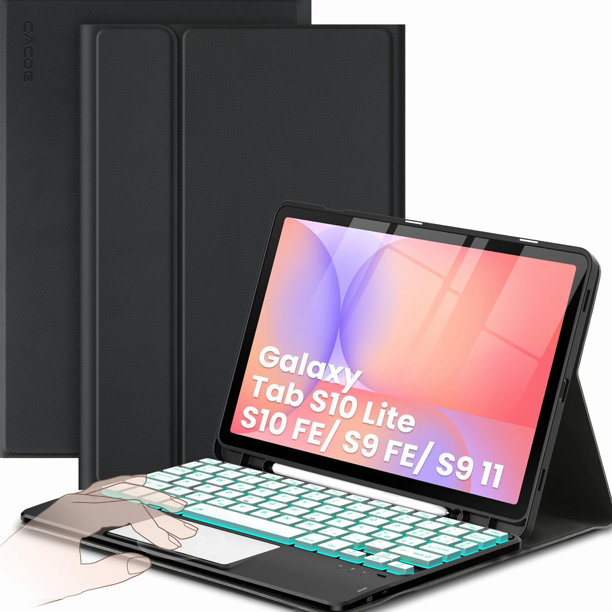 CACOE Cover con Tastiera Compatibile con Samsung Galaxy Tab S10 Lite / S10 FE / S9 FE/S9 10.9"/11" (2025/2023) con Touchpad, Tastiera Wireless Staccabile con Illuminazione a 7 Colori, Nero