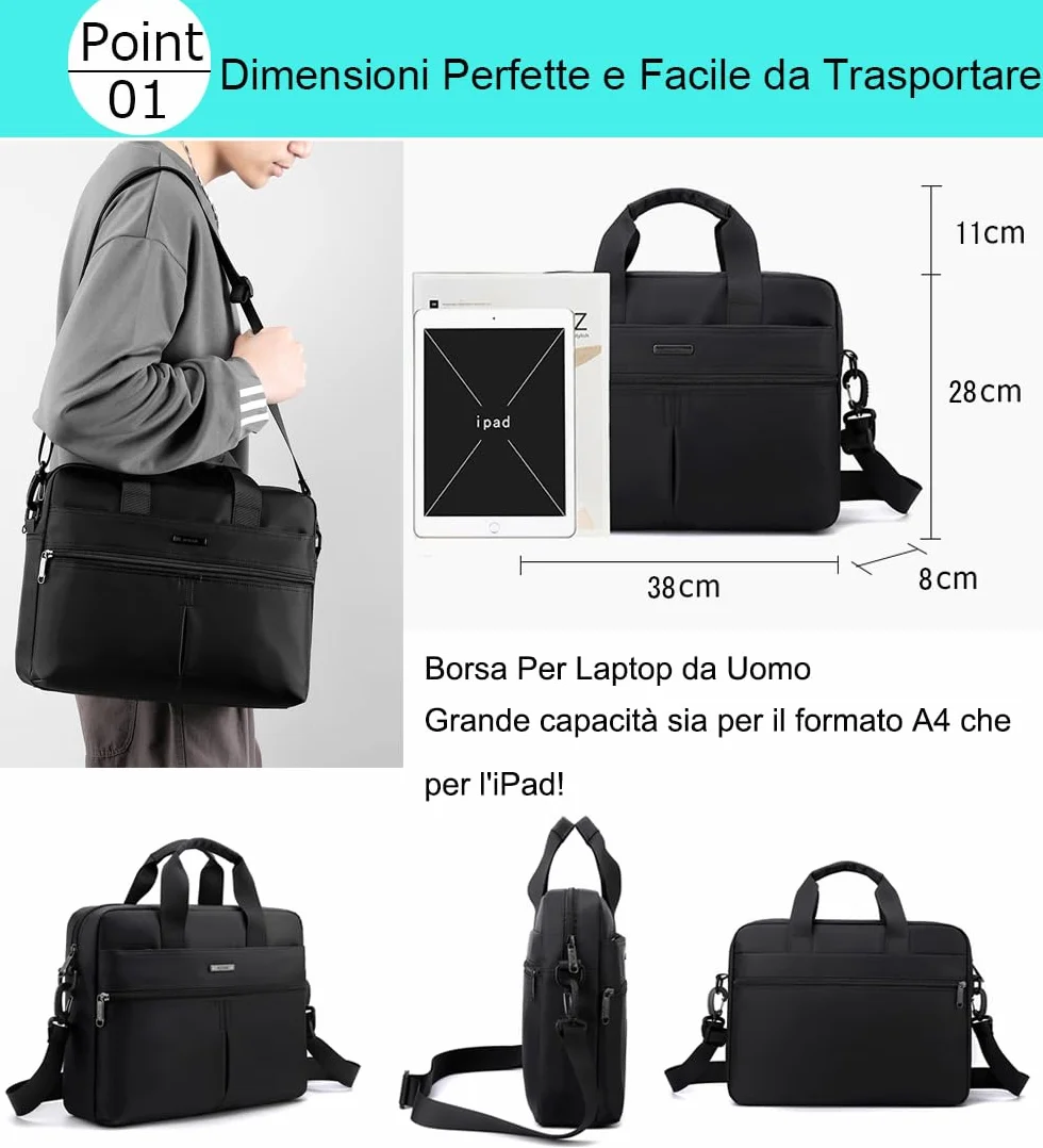 zhongningyifeng Borsa per computer portatile da 14 pollici, borsa sottile per computer da uomo e donna, borsa a tracolla leggera per ufficio, lavoro e lavoro, Nero