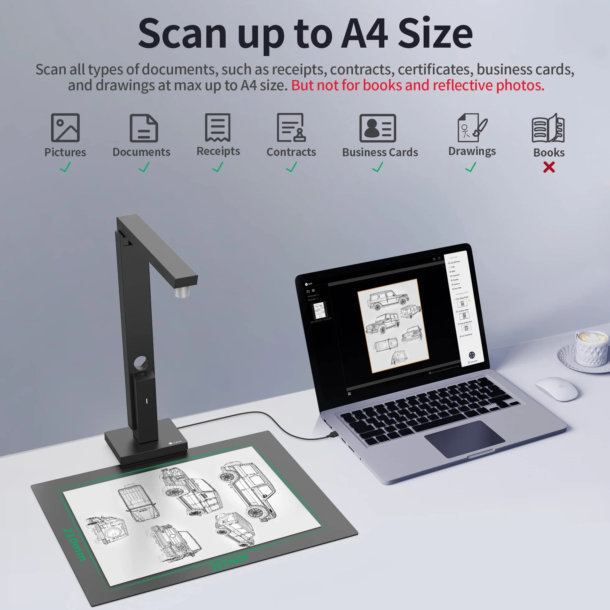 CZUR Lens 12 MP USB-Scanner Mobile per Documenti, Webcam + Scanner Pieghevole 2-in-1, Alta Risoluzione, Scansione Fino a A4, Multilingue OCR per Windows e macOS (Lens 1200)