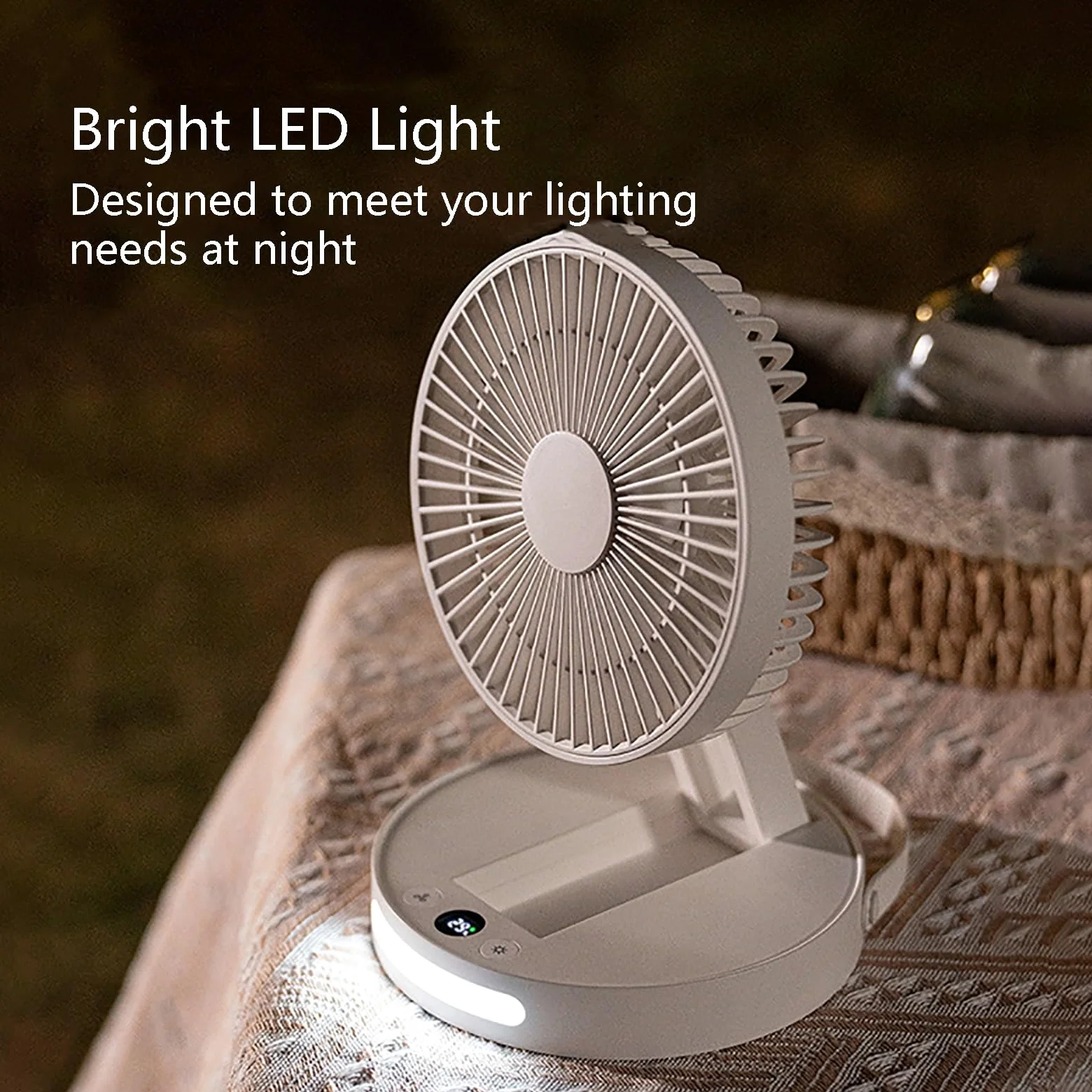 Ventilatore da tavolo portatile ricaricabile con luce notturna, ultra silenzioso, 5 velocità, design compatto per ufficio, dormitorio, viaggi, mini ventilatore pieghevole USB (bianco)