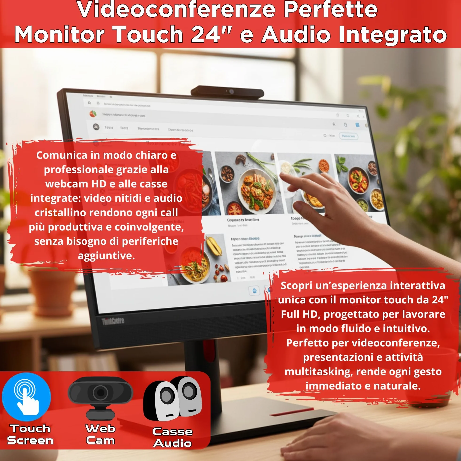 Lenovo All-in-One 24" Touch Screen i5-8500 3.50GHz 16GB RAM 512GB SSD Windows 11 Pro Office PC USB-C Garanzia 36 Mesi