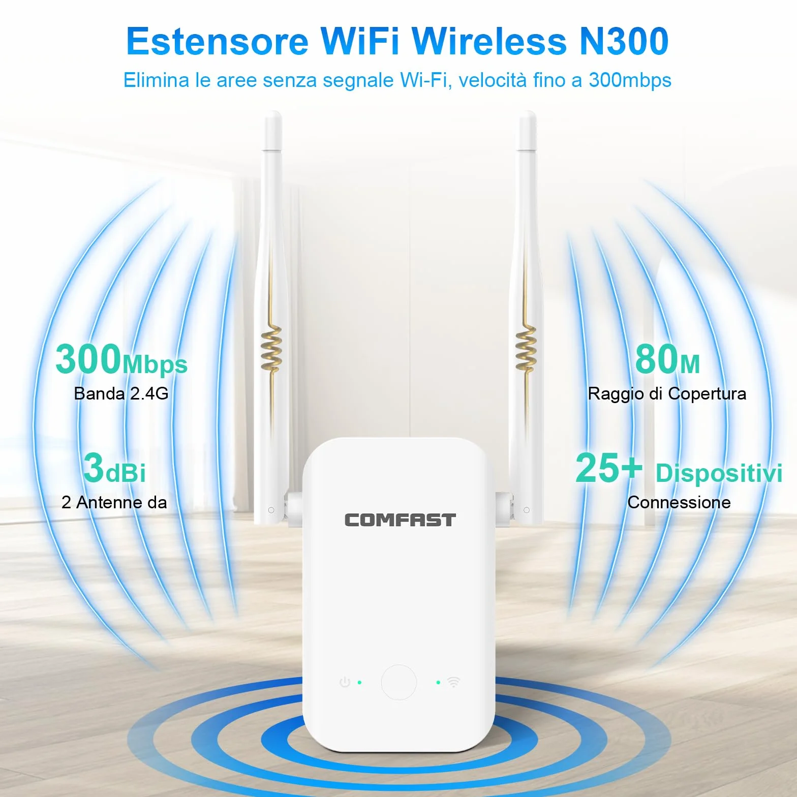 COMFAST Ripetitore WiFi, Amplificatore WiFi 300Mbps con 2 Antenne, WPS, Spia Indicatore Segnale, Design Compatto Portatile, Ottima Dissipazione Termica, Solo Modalità Ripetizione Ideale per Casa