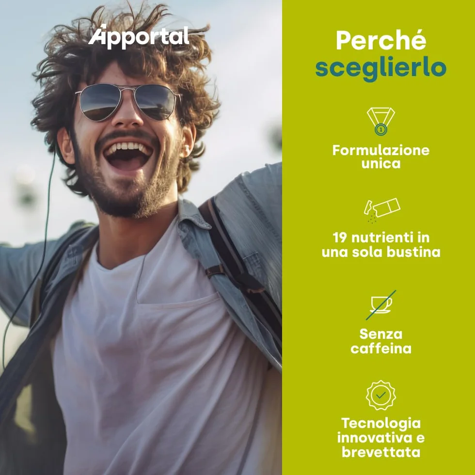 Apportal® Integratore Alimentare Tonico Energizzante 4 in 1 Ferro e Magnesio Sucrosomiale® Vitamina C 19 Nutrienti 14+14 Bustine Recupero Fisico Mentale