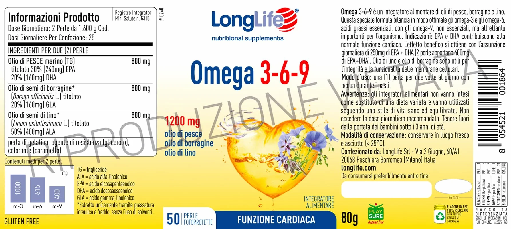 LongLife Omega 3-6-9 Olio di Pesce Borragine Lino EPA DHA Perle Fotoprotette Senza Glutine