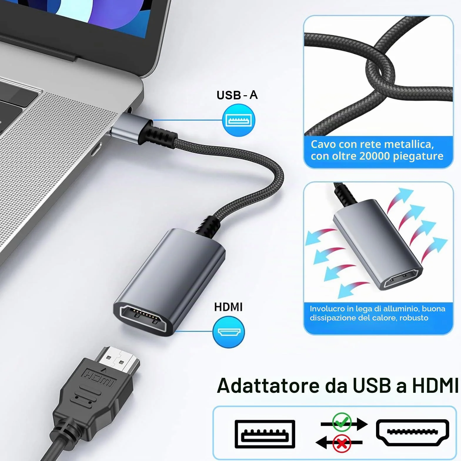Adattatore da USB a HDMI, 1080P Convertitore da USB-A a HDMI, Adattatore in alluminio, adatto per PC, laptop, monitor, proiettori e TV, Compatibile con macOS e Windows 11/10/8.1/8/7