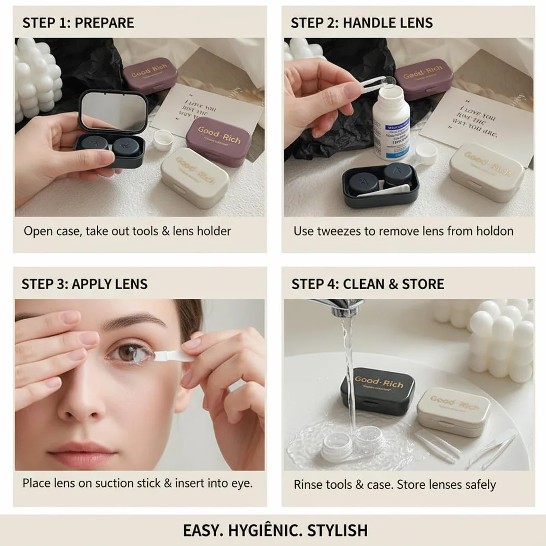 Set da 2 Porta Lenti a Contatto con Specchio Beige e Grigio – Kit da Viaggio Compatto con Pinzette e Ventosa