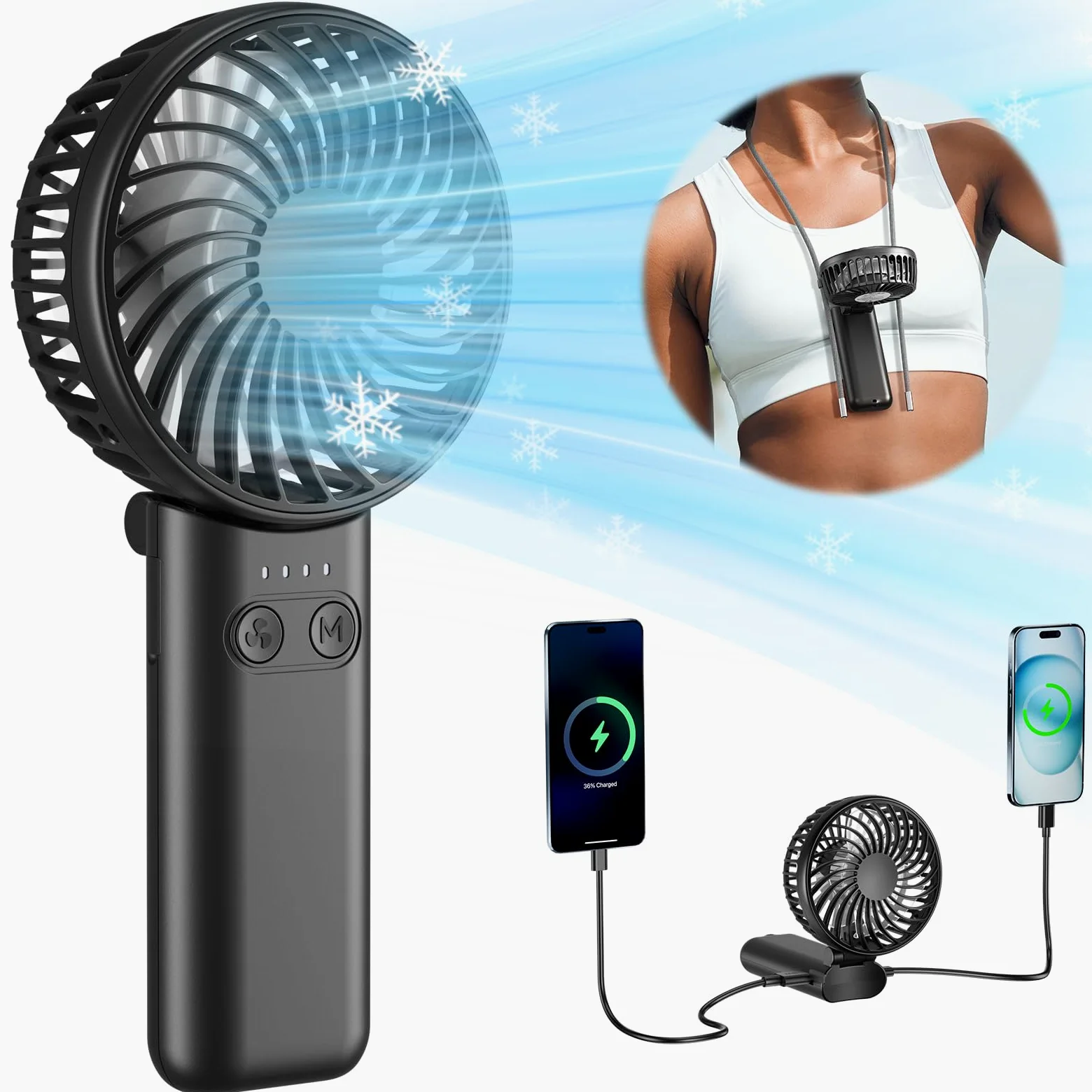HandFan 5200mAh Mini Ventilatore Portatile con Power Bank, Ventilatore Personale Ricaricabile USB, Potente Ventilatore Piccolo, Ventilatore a Batteria, per Viaggi Concerti Disney Nero