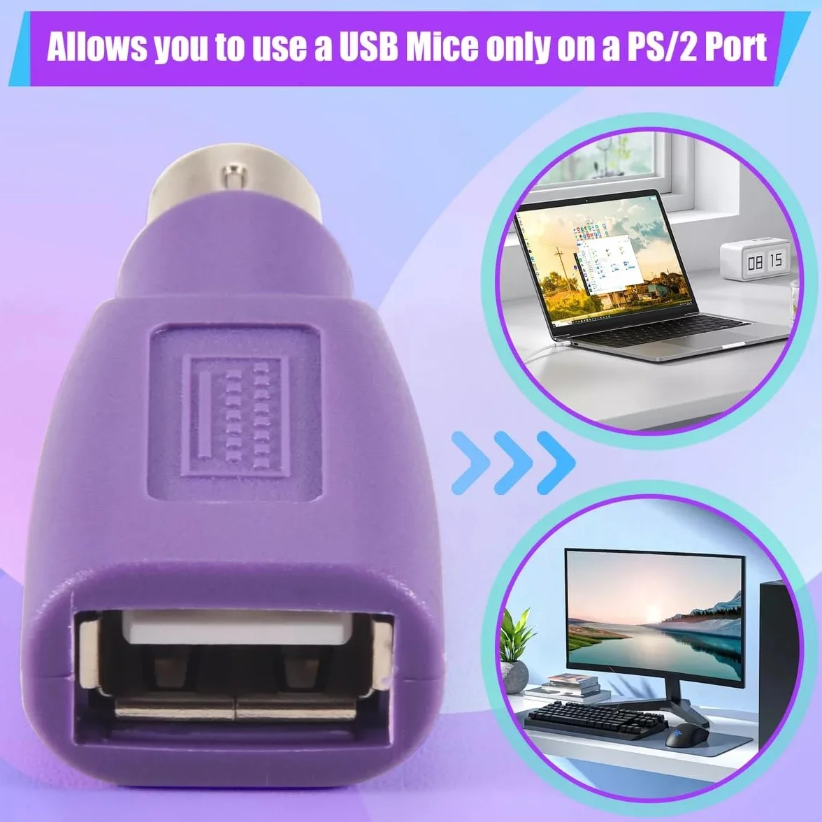 TECHZOCO Adattatore USB a PS2 per tastiera, convertitore di dispositivi, connettore periferiche, viola, 1 pezzo