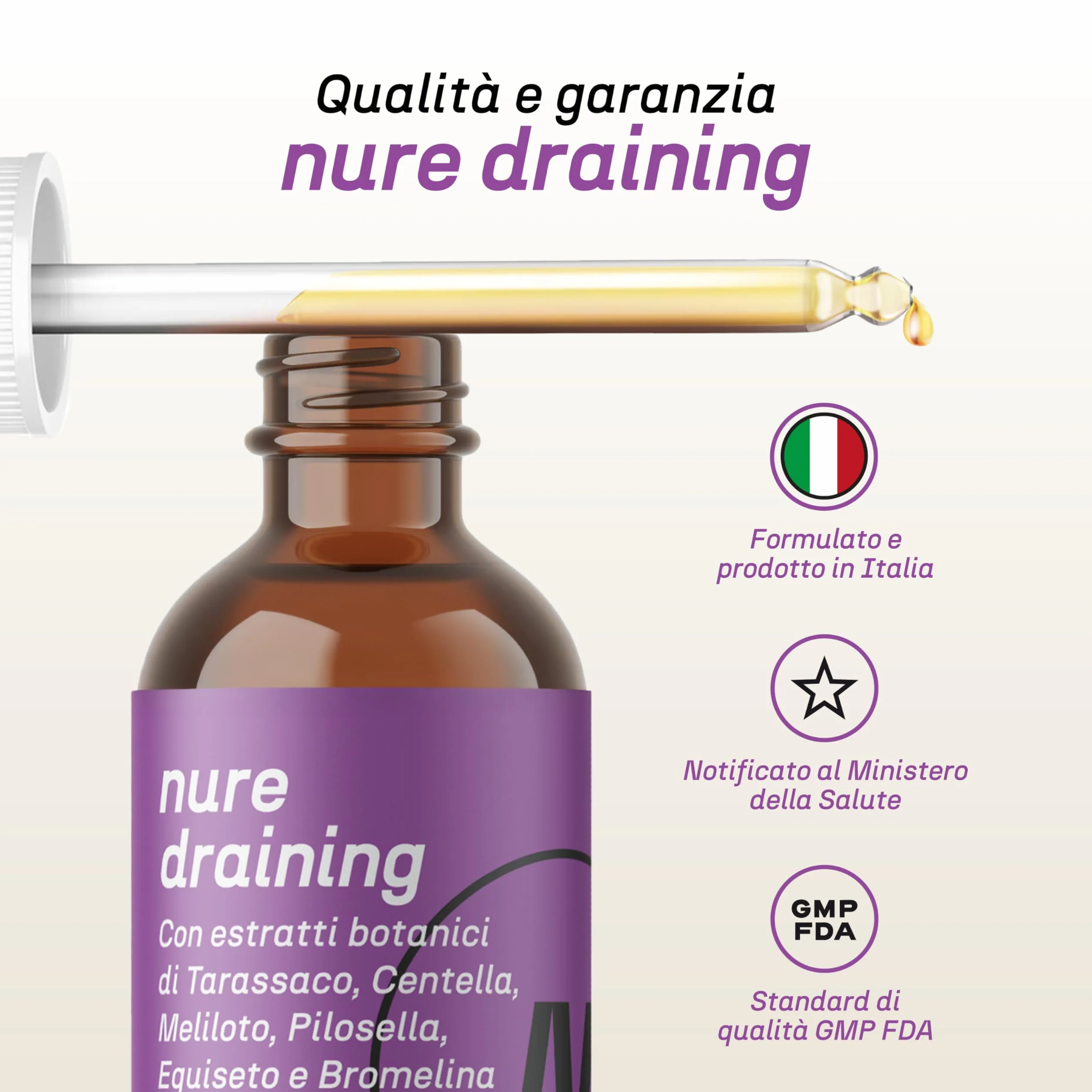NURE Integratore drenante gocce 30 ml Bromelina Tarassaco centella equiseto depurativo naturale