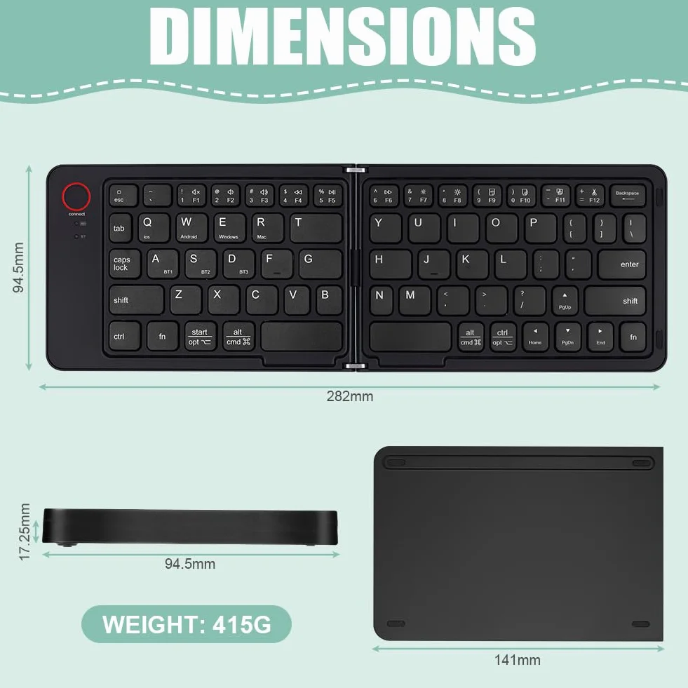 Aolso Tastiera Bluetooth Pieghevole, Tastiera Wireless Leggera, Triplo Pairing, Tastieras Portatile Ricaricabile per Smartphone/Tablet/PC/iPad/iPhone, Sistema Windows, iOS, Android-Nero