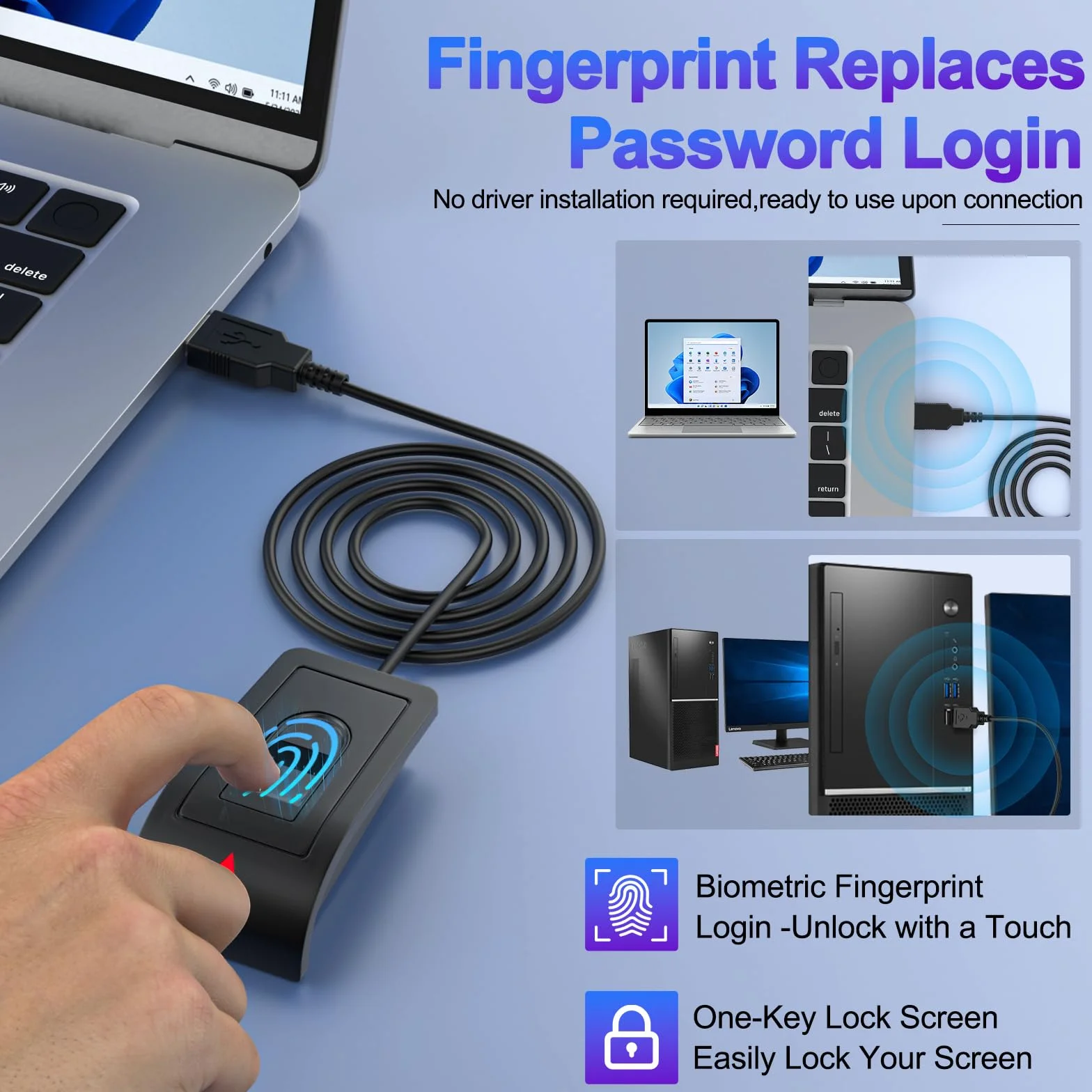 Rocketek Lettore Impronte Digitali USB-A per Windows 10/11, Sensore di sicurezza con cavo di prolunga (1,5 m),360 Gradi lettore impronte digitali funzionamento senza password,Supporta fino a 10 ID