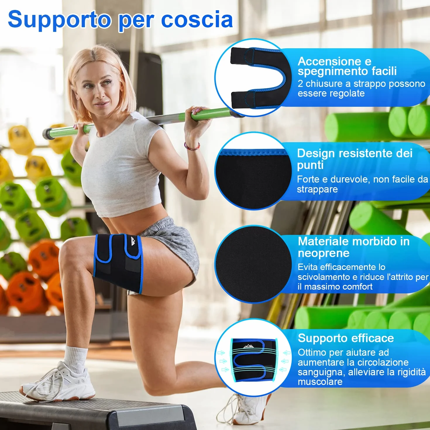 Supregear Supporto per Coscia Regolabile Manicotto Compressione Quadricipite Traspirante Antiscivolo Blu