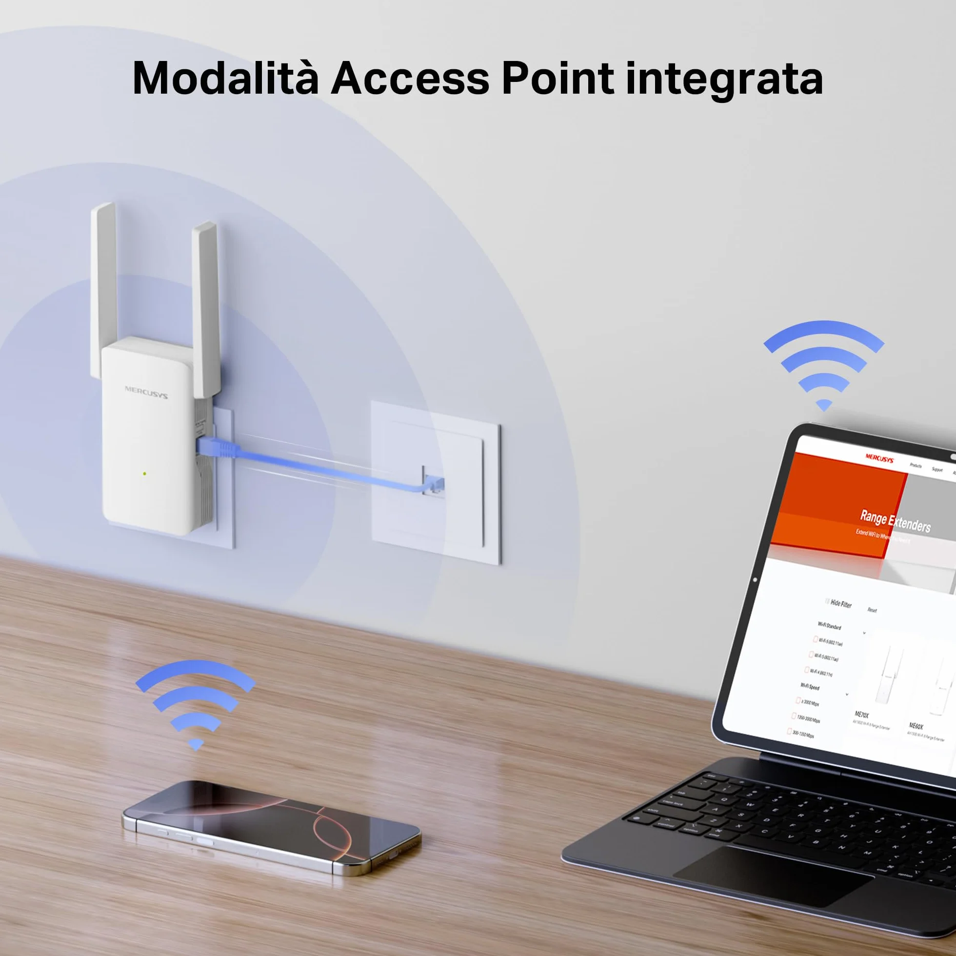Mercury TP-Link ME80X Ripetitore WiFi 6 AX3000Mbps, 1 Porta Gigabit Ethernet, Ripetitore WiFi Potente per Casa, Wifi Extender, Compatibile con Tutti i Box Internet, 2 Antenne Esterne, Modalità RE/AP.
