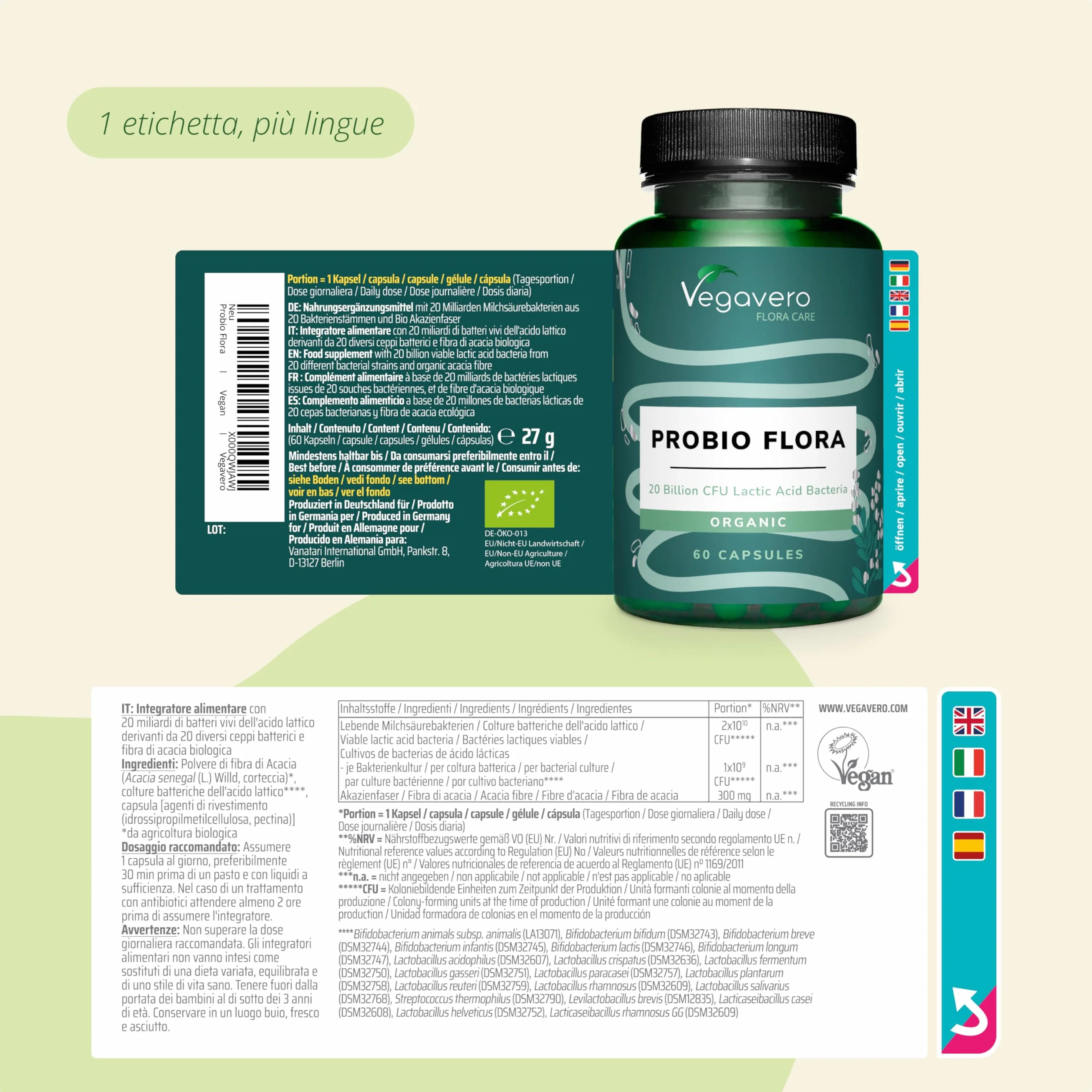 Vegavero Fermenti Lattici Probiotici BIO 60 capsule Gastroresistenti per Flora Intestinale